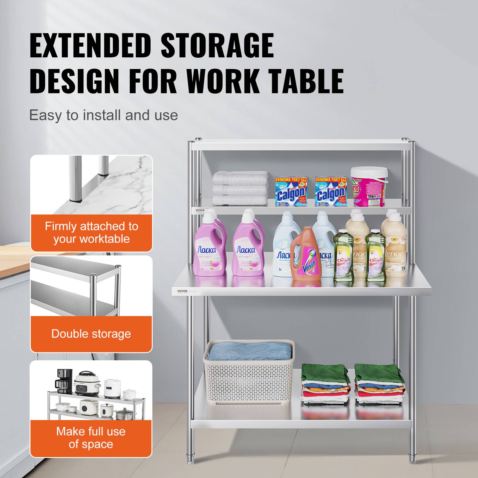 VEVOR Étagère deux niveaux réglable acier inoxydable surélevée 12x48 pouces pour tables préparation de cuisine. - Image 4