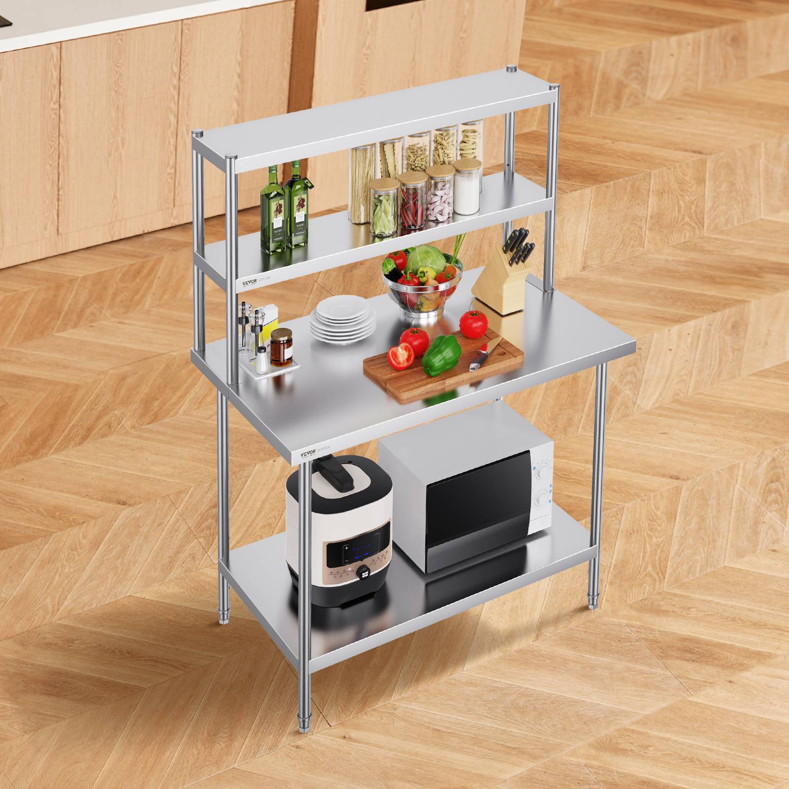 VEVOR Étagère deux niveaux réglable acier inoxydable surélevée 12x48 pouces pour tables préparation de cuisine. - Image 8