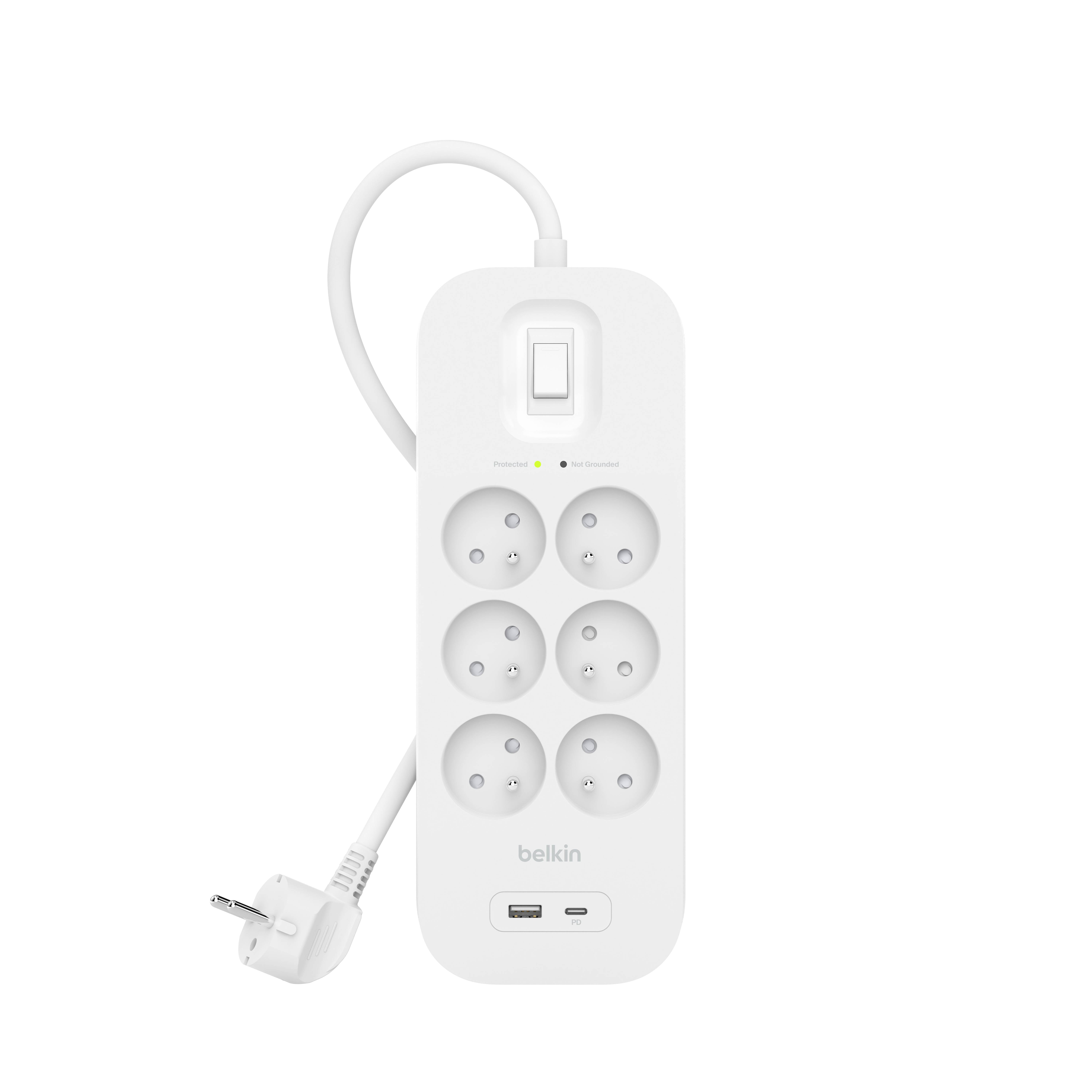 Belkin - Multiprise parafoudre avec ports USB-C et USB-A (6 prises,1 port USB-C et 1 port USB-A) - Imagen 3