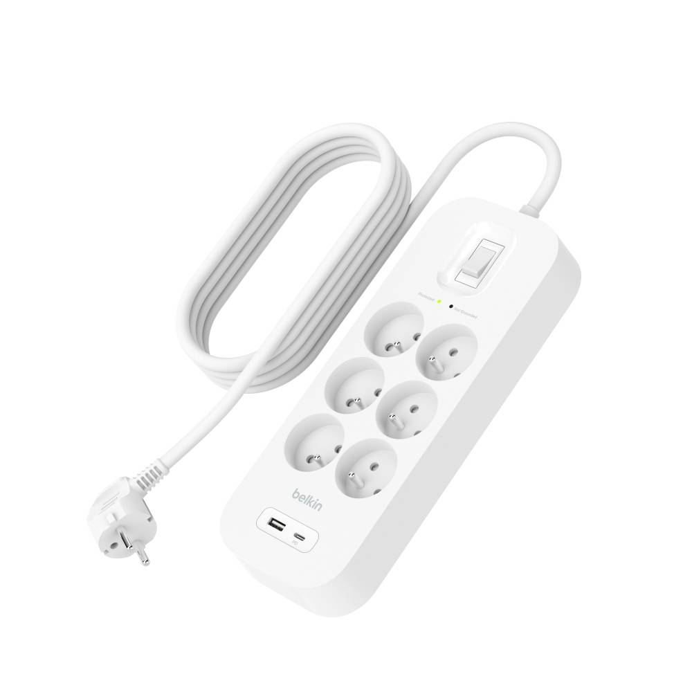 Belkin - Multiprise parafoudre avec ports USB-C et USB-A (6 prises,1 port USB-C et 1 port USB-A) - Imagen 2