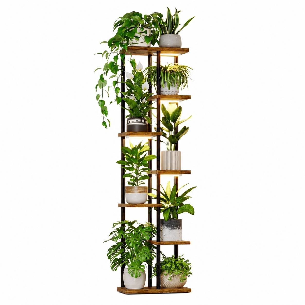 Support Plante D'intérieur Coin 7 Niveaux Bois Métal Éclairage Intégré Déco Salon Balcon Chambre - Image 1