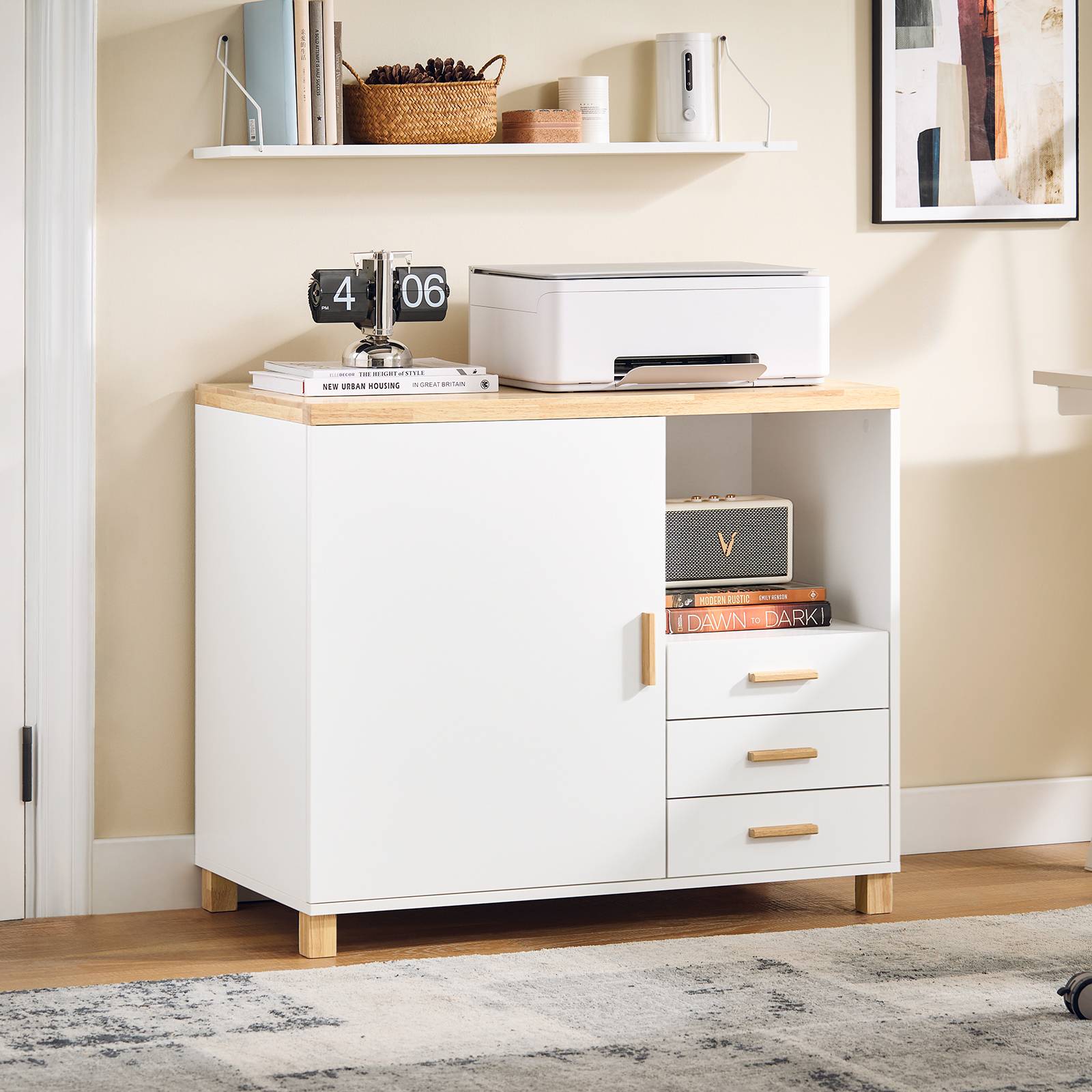 SoBuy Bureau 3 Tiroirs avec 2 Compartiments Ouverts pour Imprimante Compacte Blanc