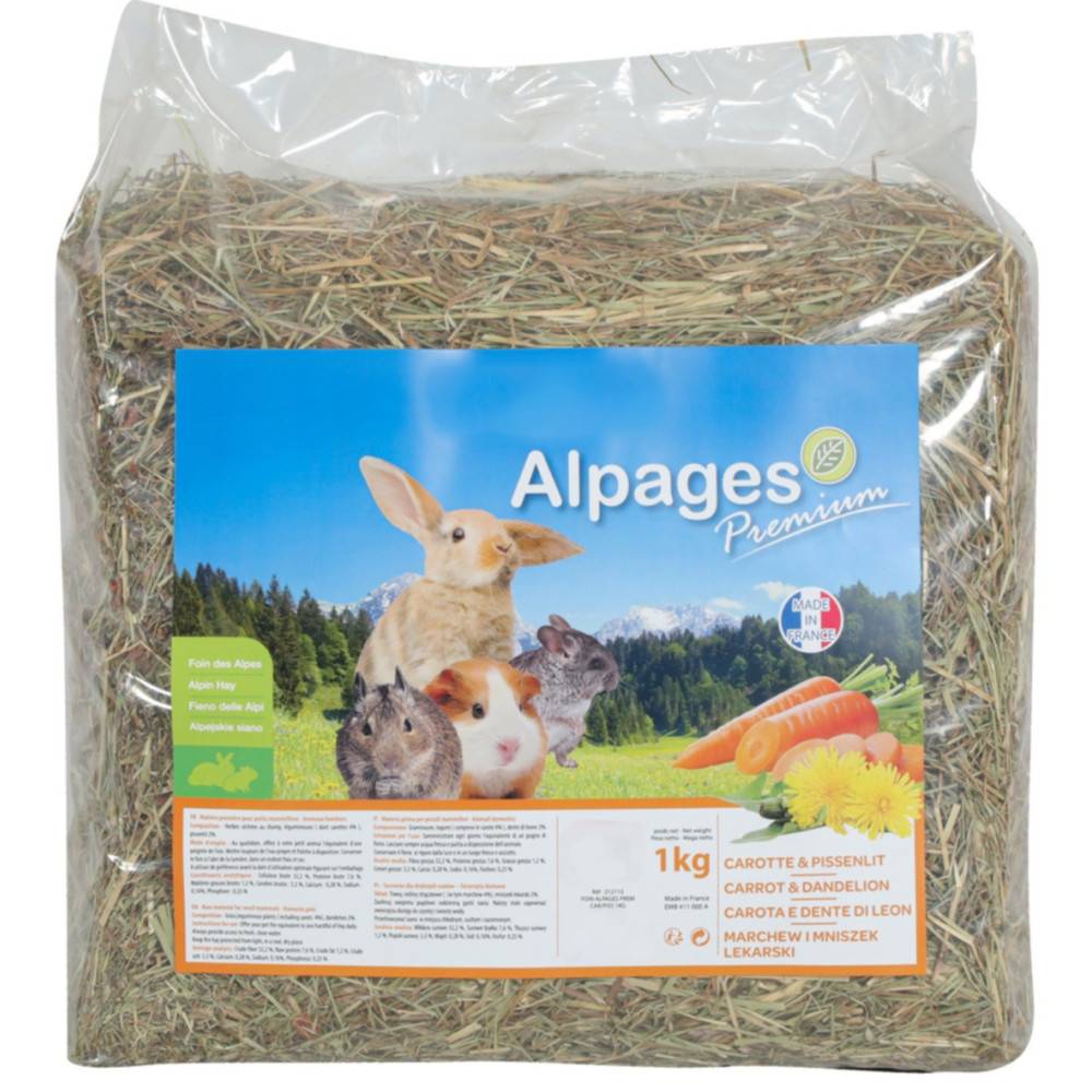 Animallparadise - Foin alpage, carotte et pissenlit, 1 kg, pour rongeur.