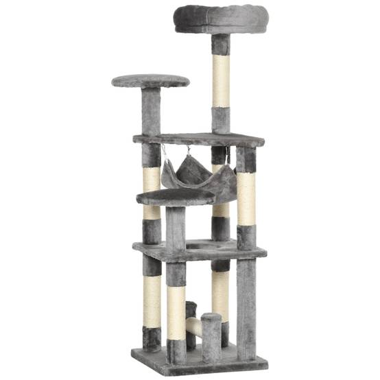 Arbre à chat, griffoir, tour de jeu, arbre à chat grimpant, hamac, gris, L40 x l40 x H132 cm - Image 1