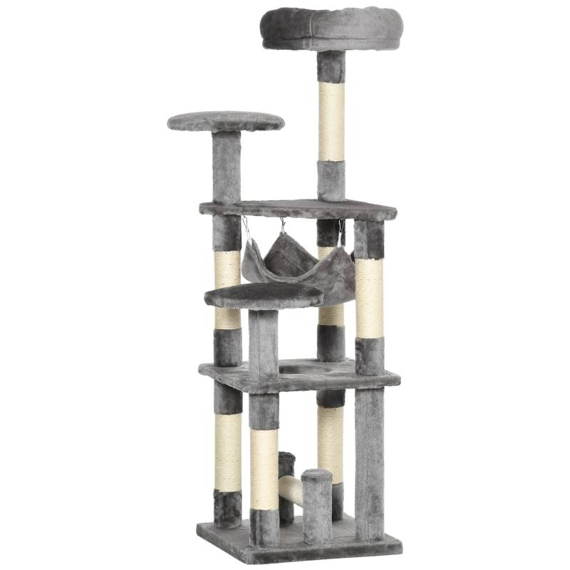 Arbre à chat, griffoir, tour de jeu, arbre à chat grimpant, hamac, gris, L40 x l40 x H132 cm - Image 1