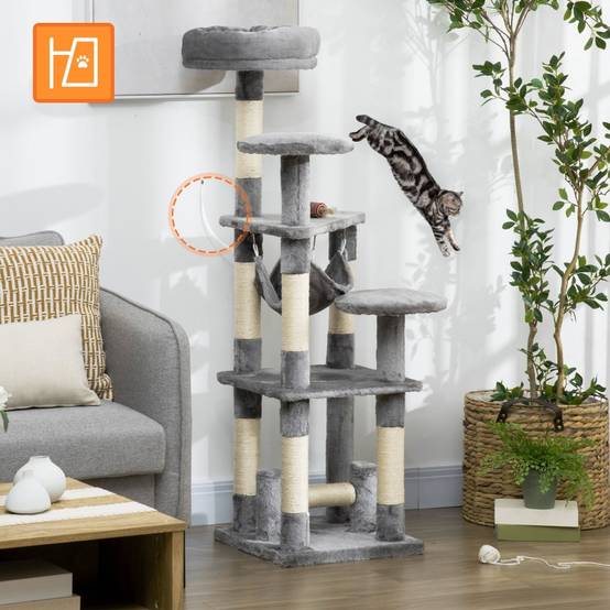 Arbre à chat, griffoir, tour de jeu, arbre à chat grimpant, hamac, gris, L40 x l40 x H132 cm - Image 6