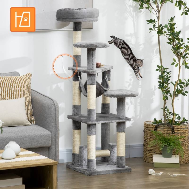 Arbre à chat, griffoir, tour de jeu, arbre à chat grimpant, hamac, gris, L40 x l40 x H132 cm - Image 6