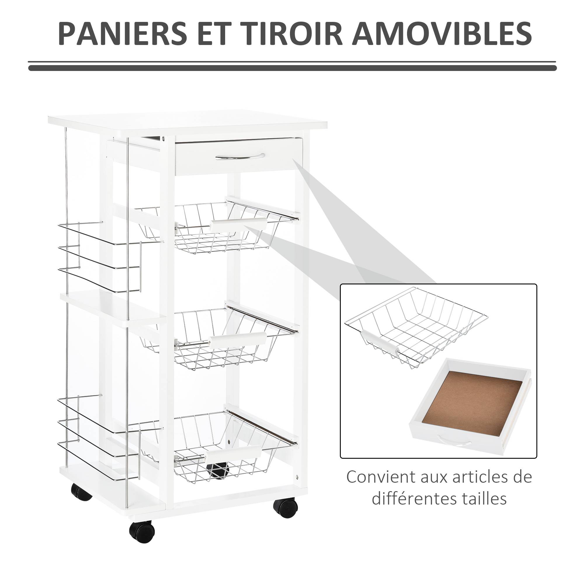 Chariot de service desserte de cuisine à roulettes multi-rangements 3 paniers métal tiroir + 2 range-bouteilles bois pin blanc - Image 8