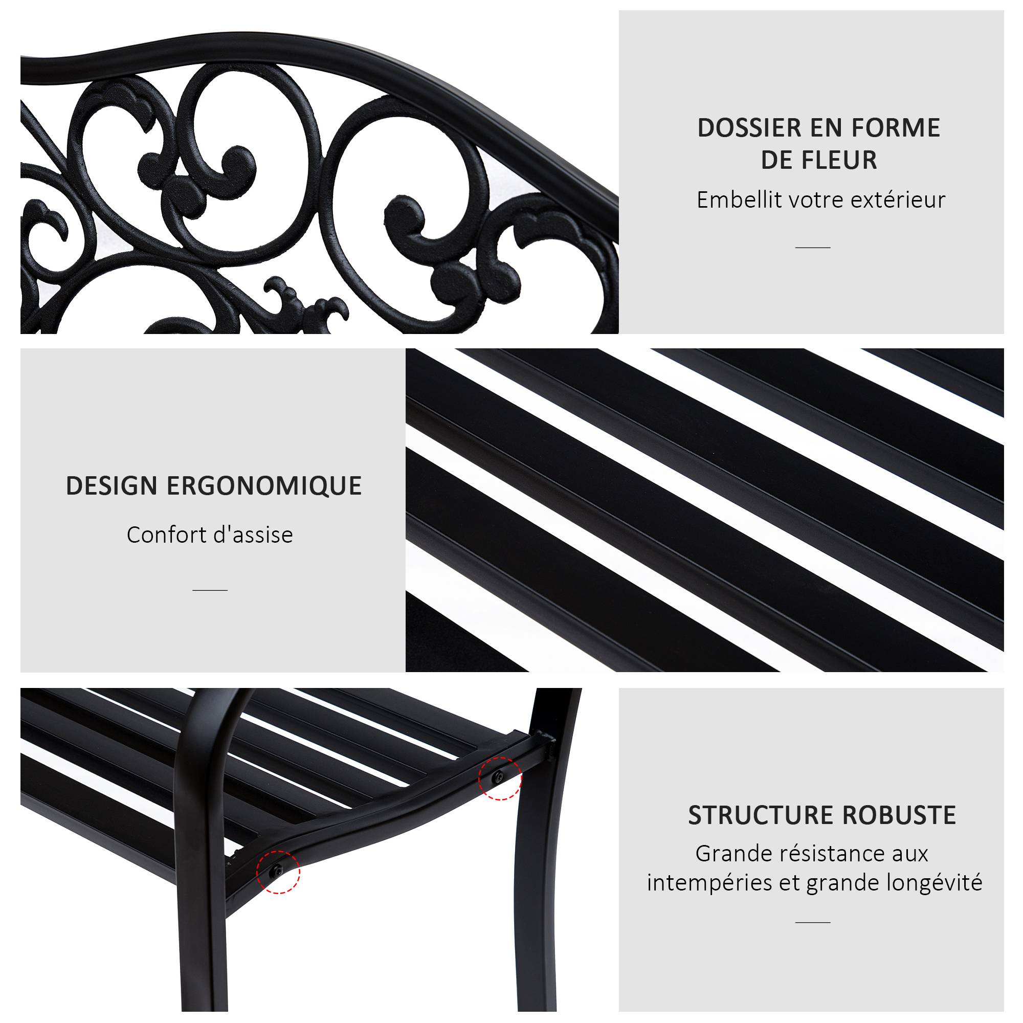 ComfortXL - Banc 3 Places Cosy Chic Métal Jardin Assise Confortable 127x60x89cm Noir - ComfortXL Outdoor Living - Image 7