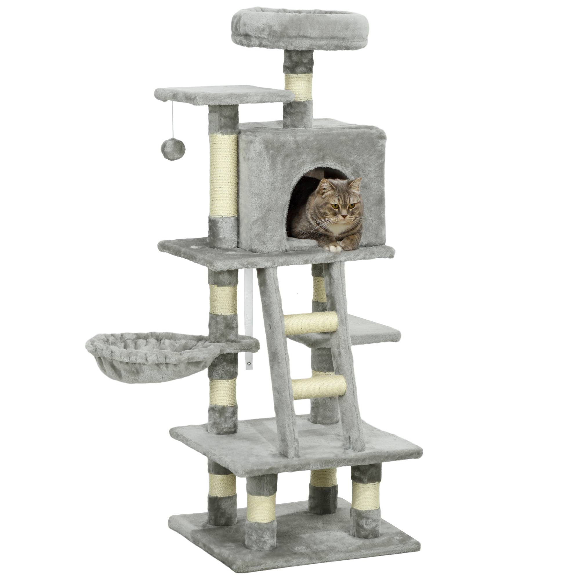Pawhut - Arbre à chat multi-équipements griffoirs grattoirs niche plateformes + échelle + hamac + boule suspendue gris - Imagen 1