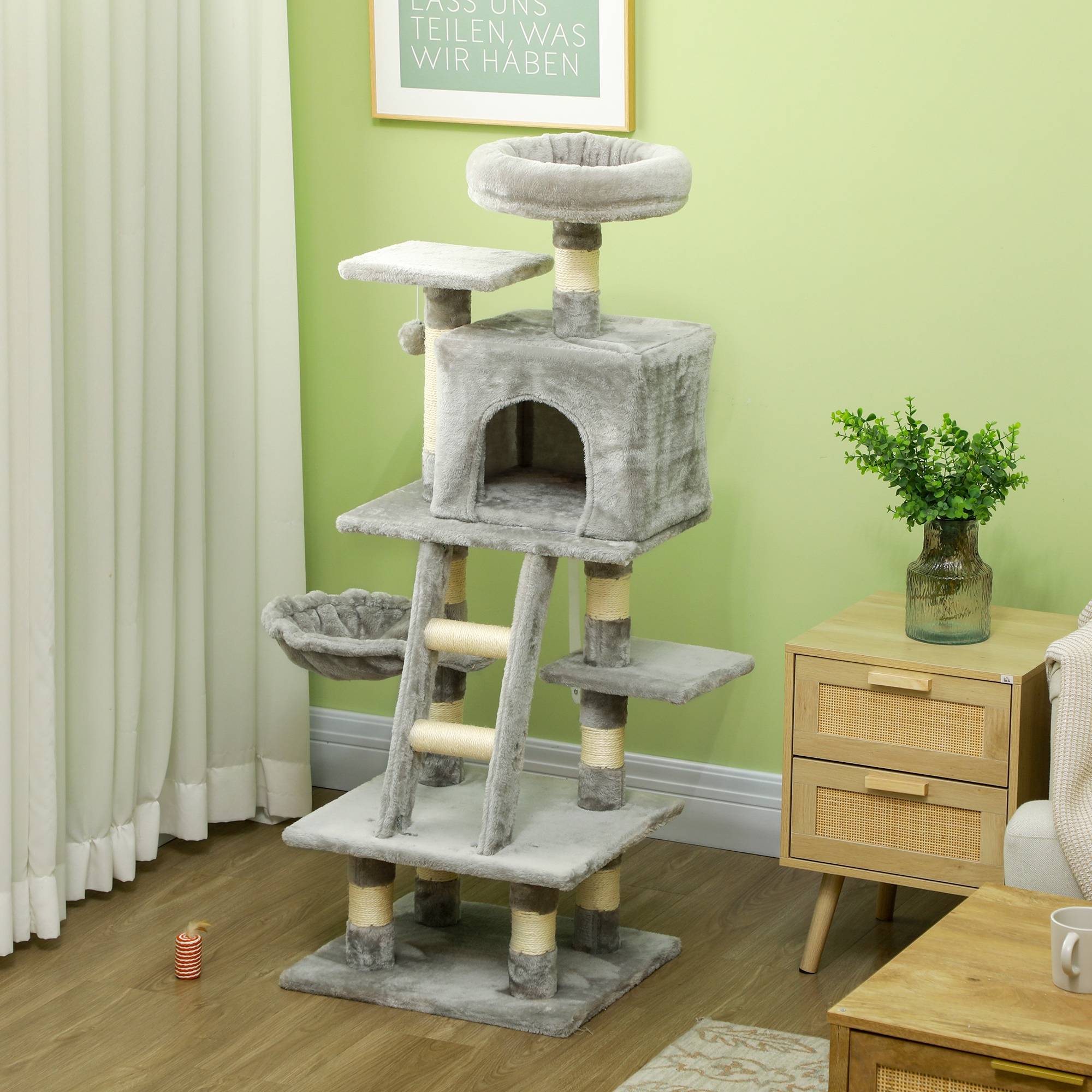 Pawhut - Arbre à chat multi-équipements griffoirs grattoirs niche plateformes + échelle + hamac + boule suspendue gris - Imagen 2