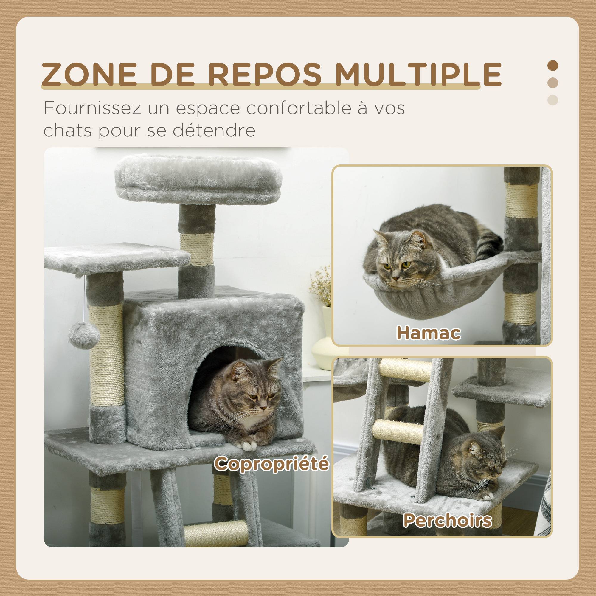Pawhut - Arbre à chat multi-équipements griffoirs grattoirs niche plateformes + échelle + hamac + boule suspendue gris - Imagen 5