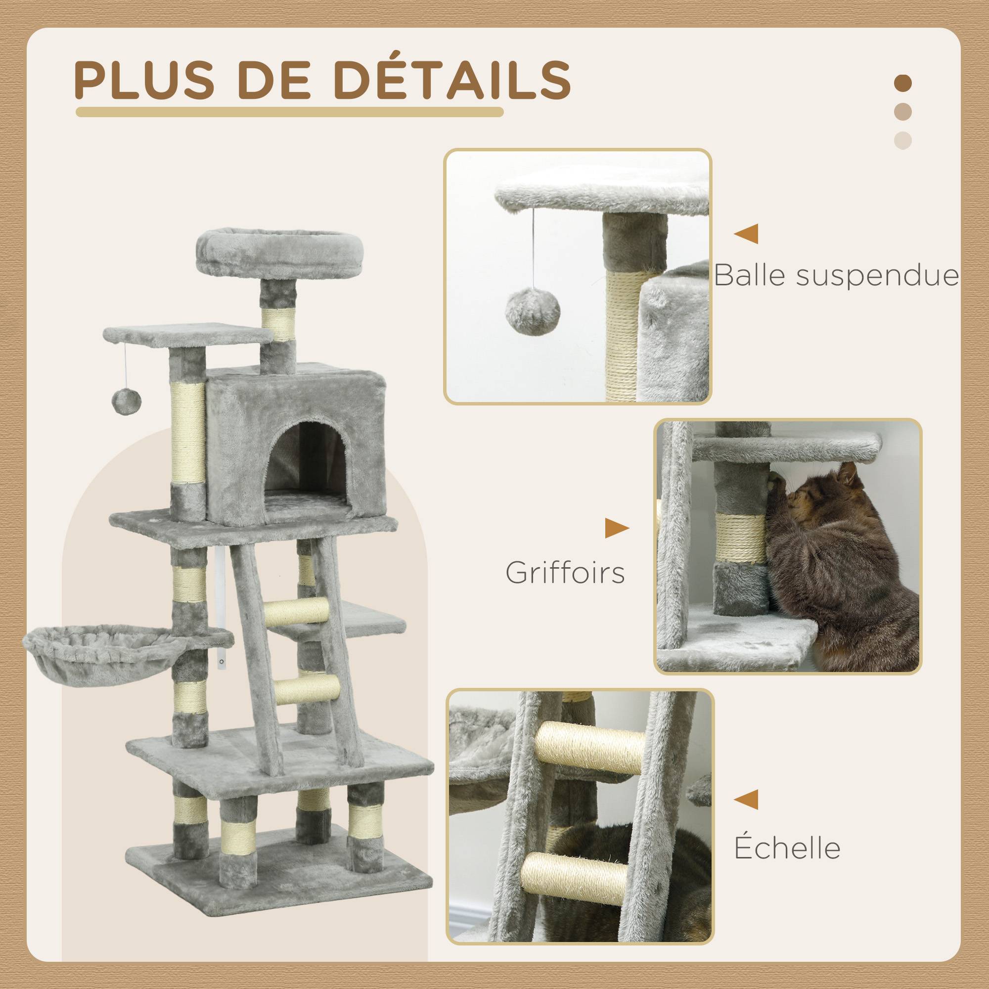 Pawhut - Arbre à chat multi-équipements griffoirs grattoirs niche plateformes + échelle + hamac + boule suspendue gris - Imagen 6