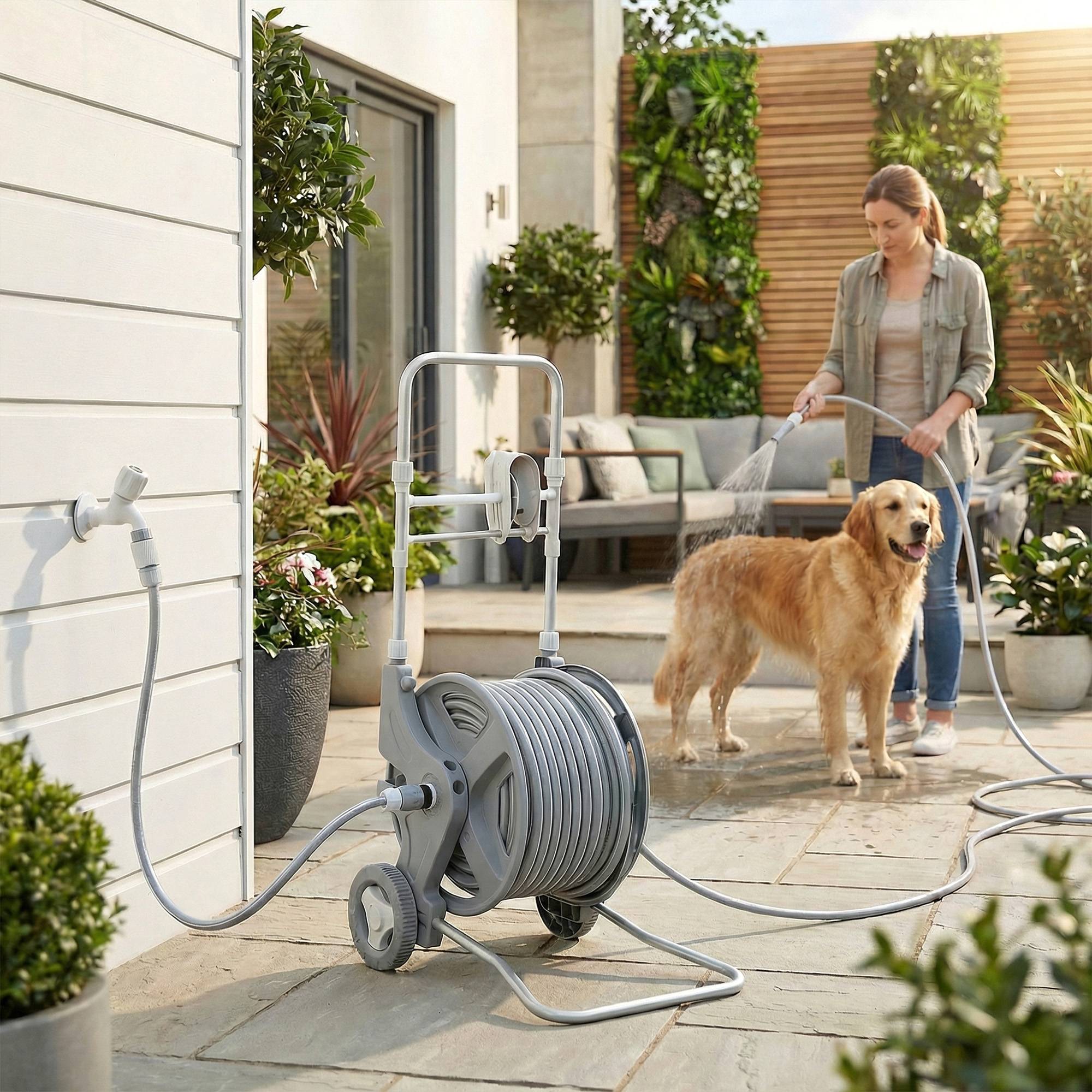 ComfortXL - Dévidoir tuyau d’arrosage plastique gris 45 m sur roues jardin manivelle buse 2 jets pression jusqu’à 8 bar - Image 9