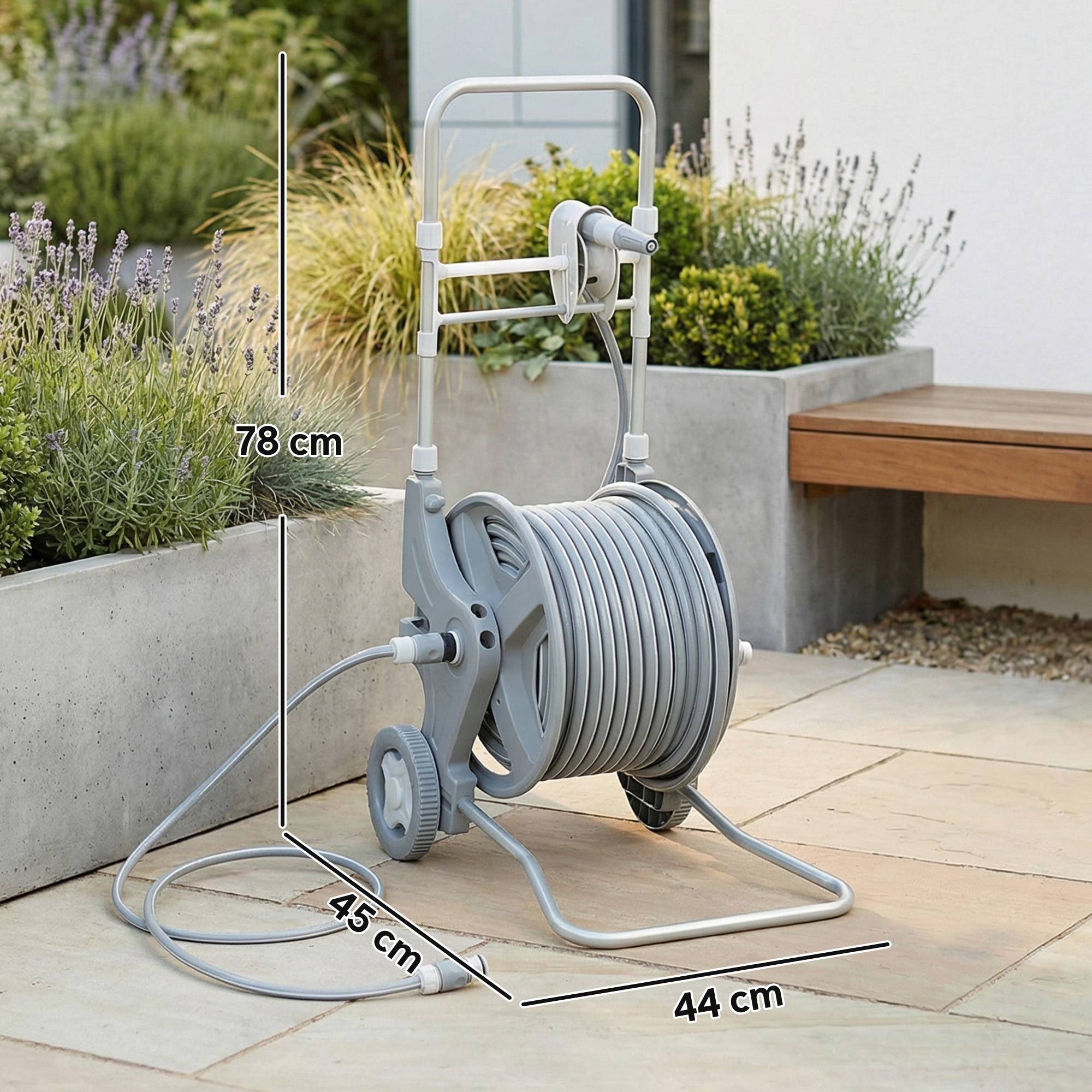 ComfortXL - Dévidoir tuyau d’arrosage plastique gris 45 m sur roues jardin manivelle buse 2 jets pression jusqu’à 8 bar - Image 3