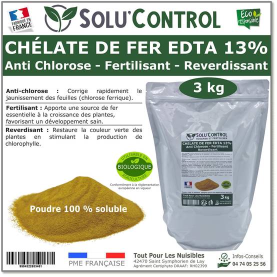 SOLU'CONTROL - Chélate de Fer EDTA 13%, Anti-chlorose, Fertilisant, Reverdissant, 3 kg - Image 1
