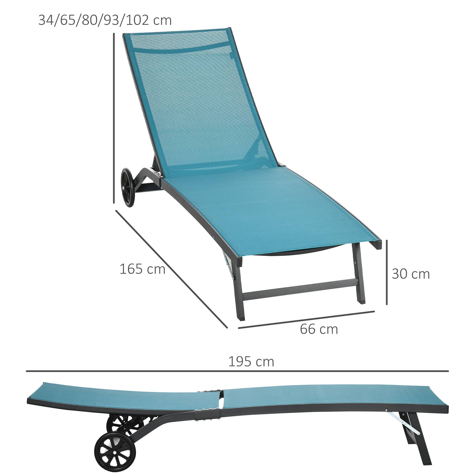 Outsunny - Lot de 2 bains de soleil transats inclinables - 2 roulettes - alu. textilène bleu - Imagen 3
