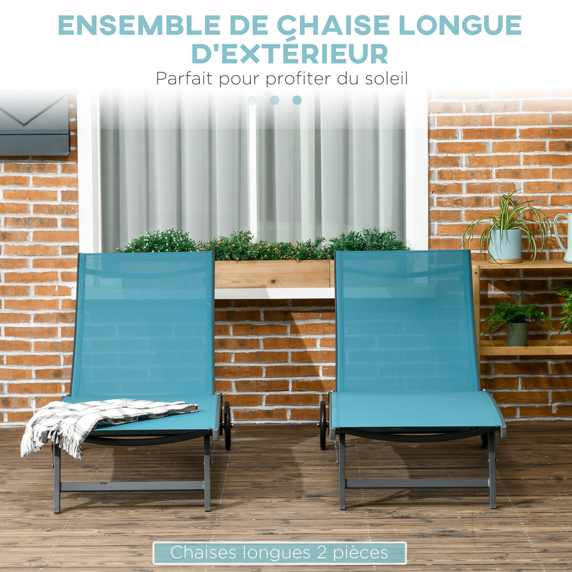 Outsunny - Lot de 2 bains de soleil transats inclinables - 2 roulettes - alu. textilène bleu - Imagen 4