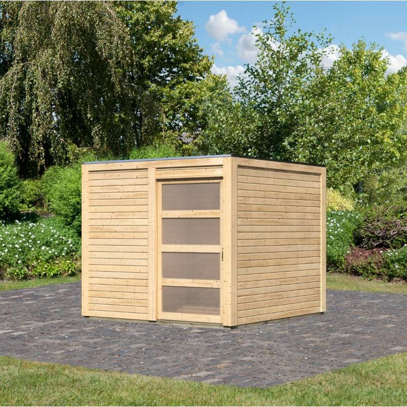 Abri de jardin 6,05m² bois massif 19mm toit plat porte coulissante Karibu marron - Image 6