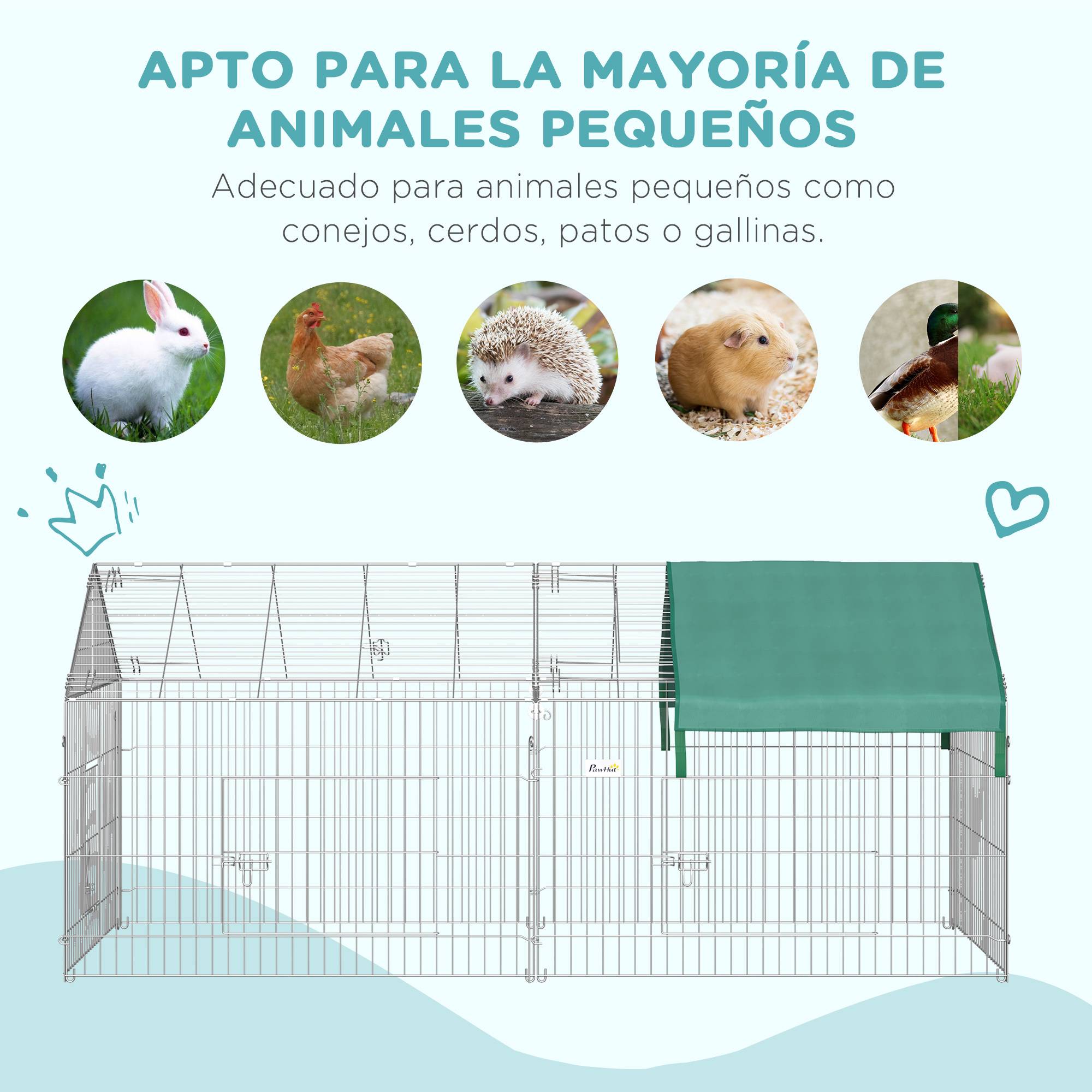 Enclos pour petits animaux avec 2 portes et auvent pour jardin ou terrasse extérieure, 220 x 103 x 103 cm, argent et vert - Image 8