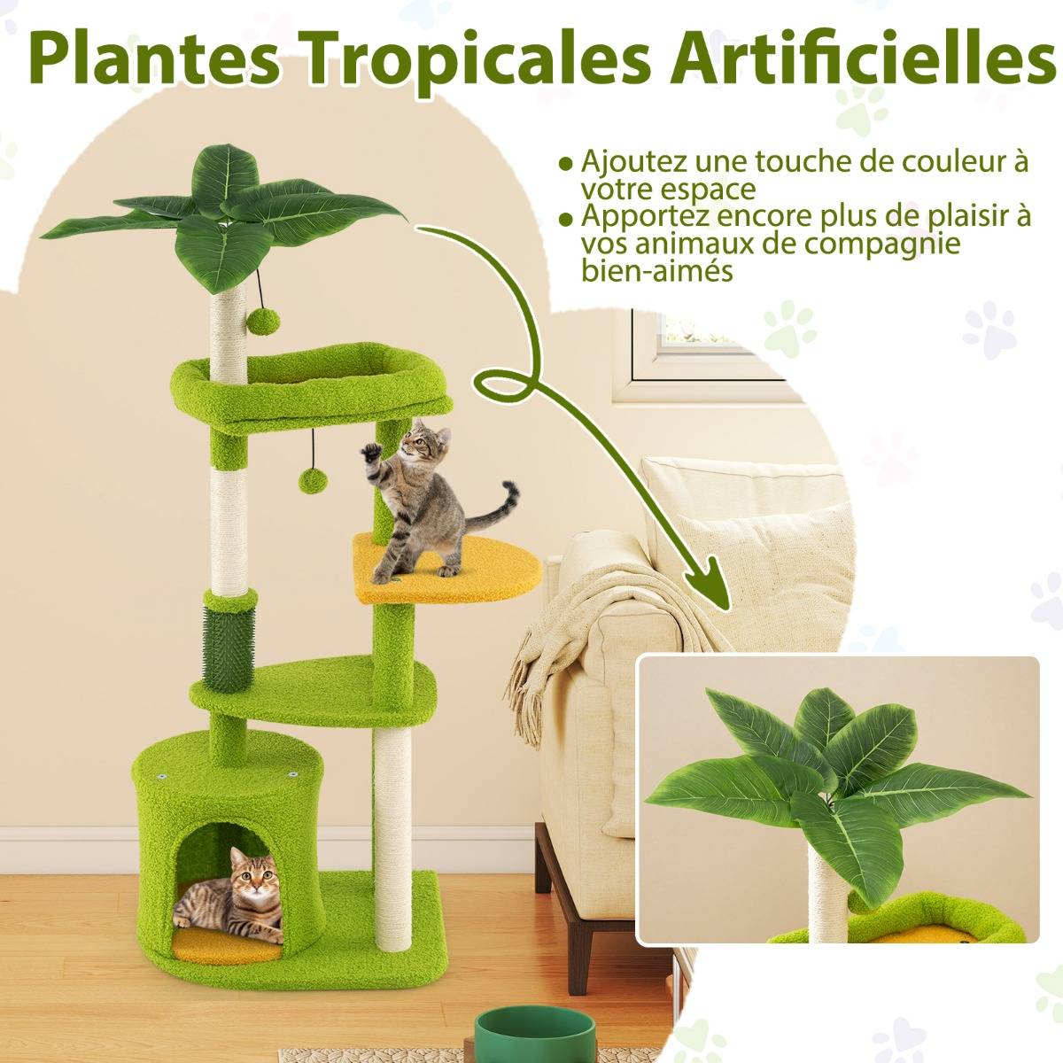 Arbre à Chat Mignon Tour Multi-niveaux avec Feuilles Artificielles Condo Perchoir Rembourré - Image 5