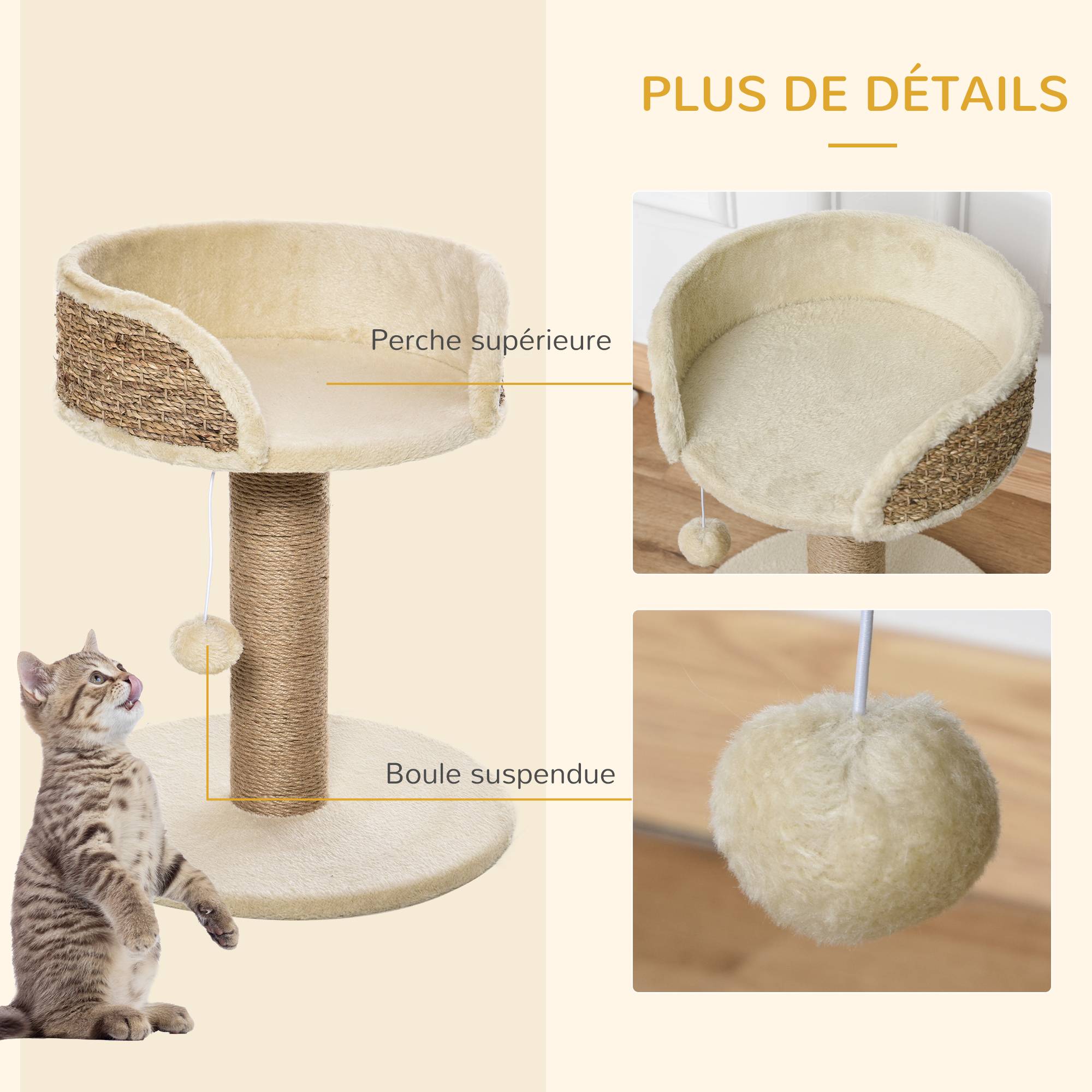Pawhut - Arbre à chat griffoir 2 niveaux H. 49 cm - poteau sisal, plateforme observation, jeu de boule suspendue - jute polyester beige - Imagen 6