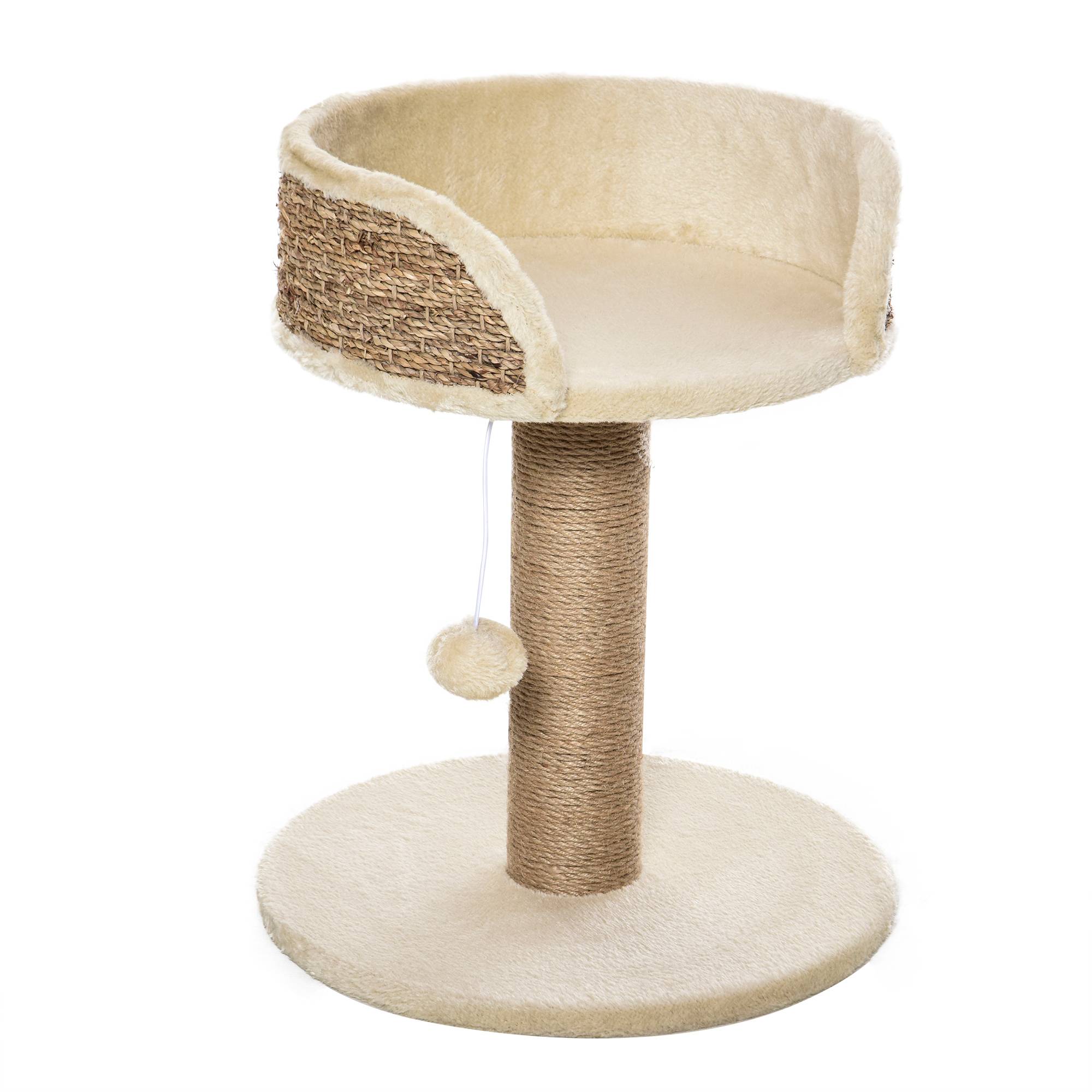 Pawhut - Arbre à chat griffoir 2 niveaux H. 49 cm - poteau sisal, plateforme observation, jeu de boule suspendue - jute polyester beige - Imagen 1