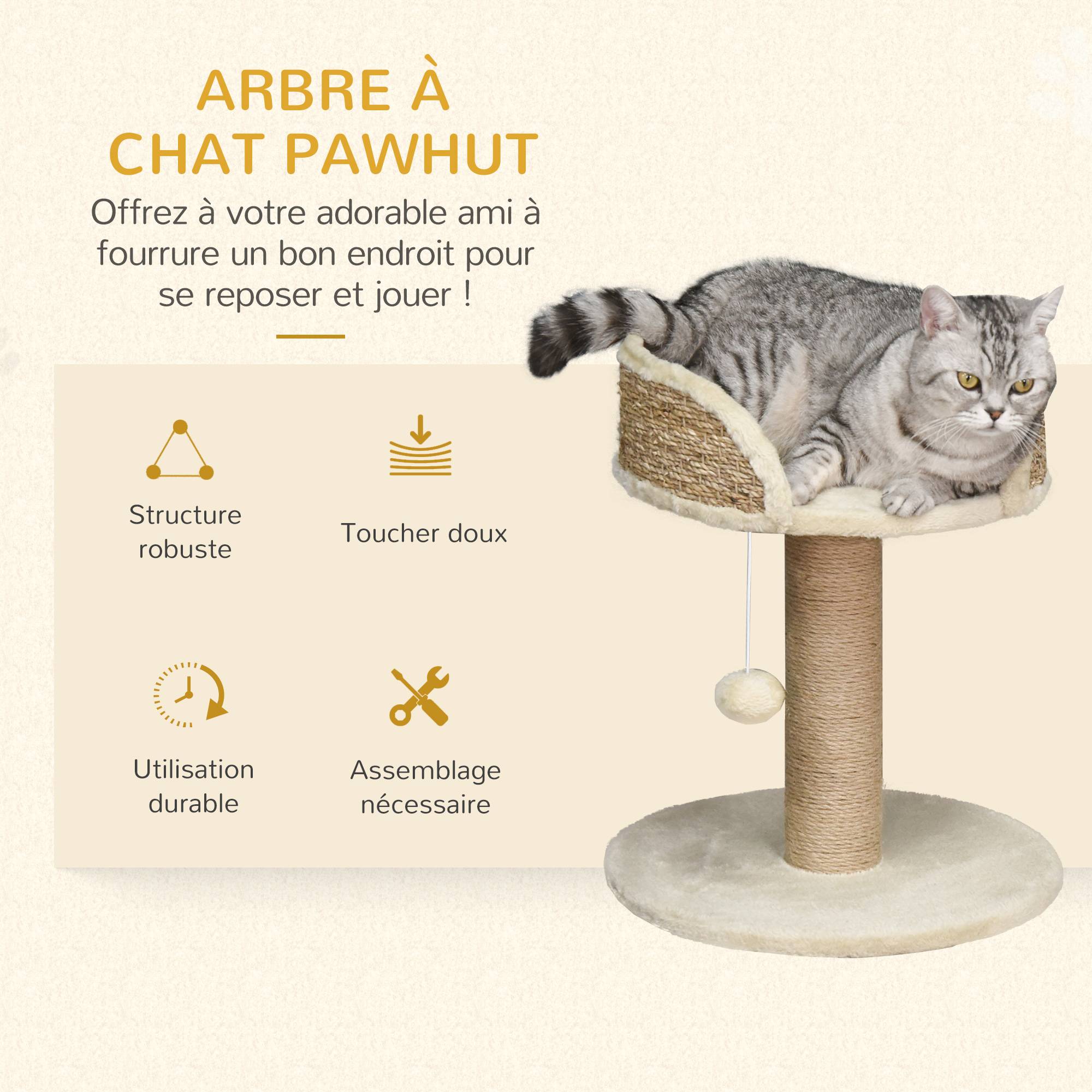Pawhut - Arbre à chat griffoir 2 niveaux H. 49 cm - poteau sisal, plateforme observation, jeu de boule suspendue - jute polyester beige - Imagen 4