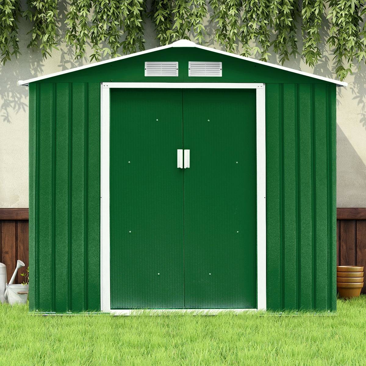 Helloshop26 - Abri de jardin en métal cabane de rangement à outils porte double coulissantes 213 x 127 x 185 cm vert et blanc - Imagen 1