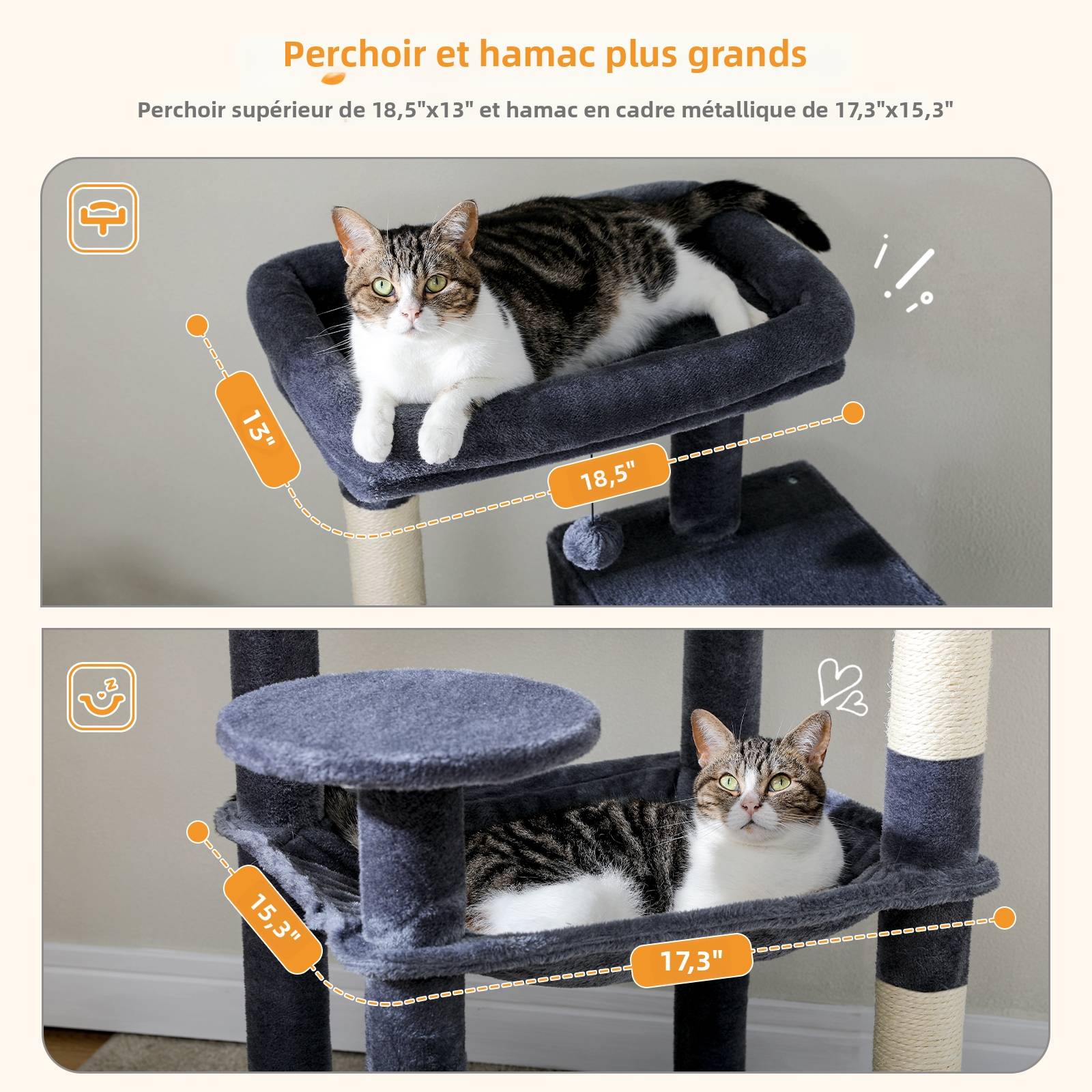 Arbre à Chat 143 cm avec Hamac et Maison Gris Foncé L PAWZ Road - Image 4