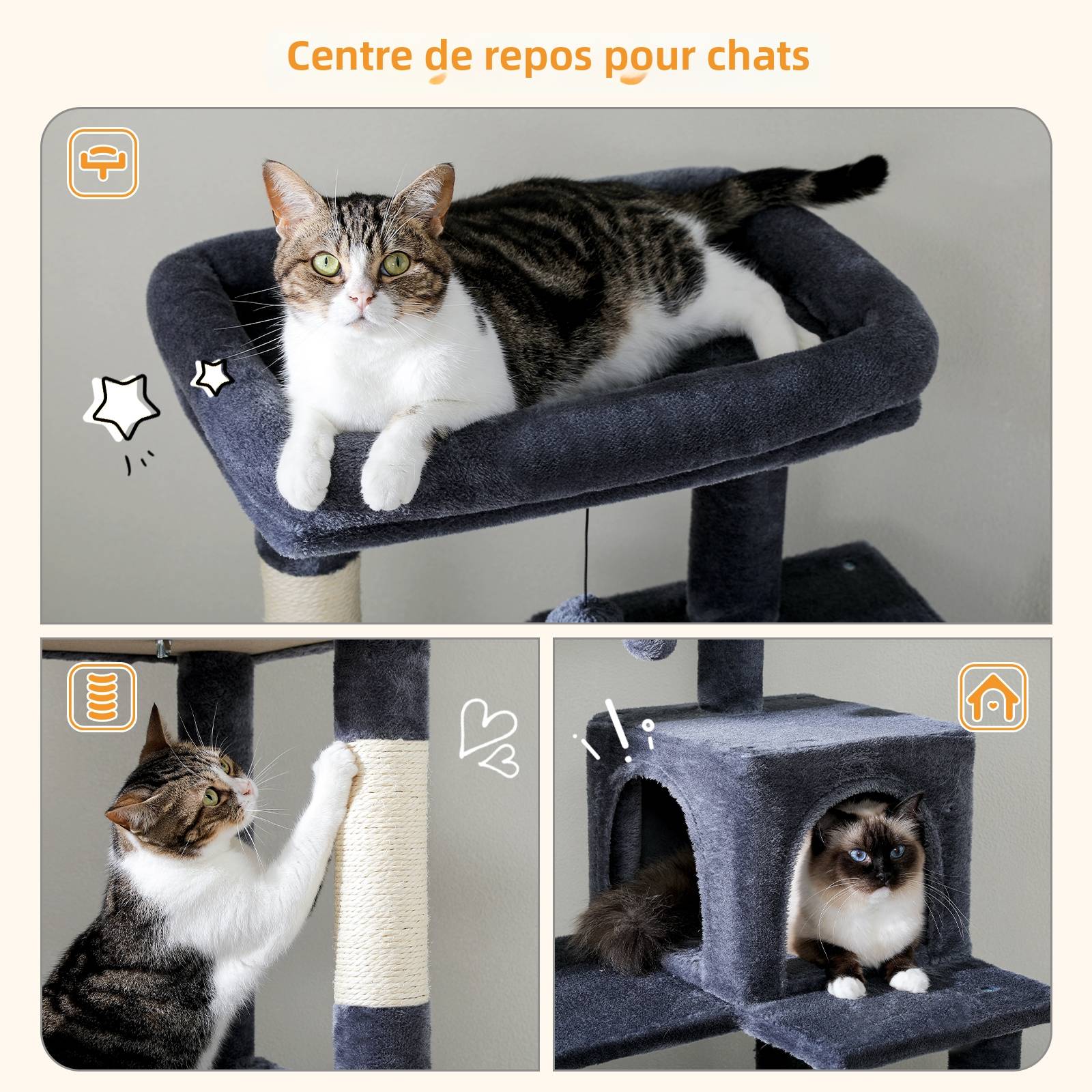 Arbre à Chat 143 cm avec Hamac et Maison Gris Foncé L PAWZ Road - Image 3