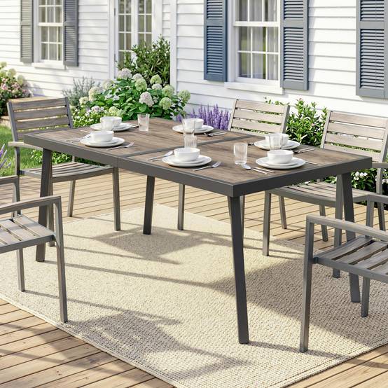 Sans Marque - Table de jardin rectangulaire pour 6 personnes avec plateau effet bois, en acier et PSPC, 145 x 85 x 72 cm, grise - Image 4