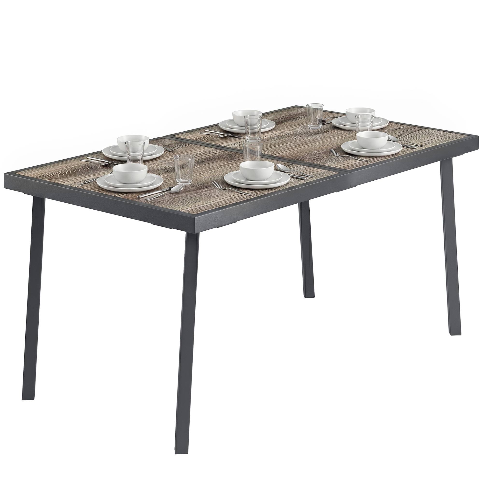 Sans Marque - Table de jardin rectangulaire pour 6 personnes avec plateau effet bois, en acier et PSPC, 145 x 85 x 72 cm, grise - Image 1