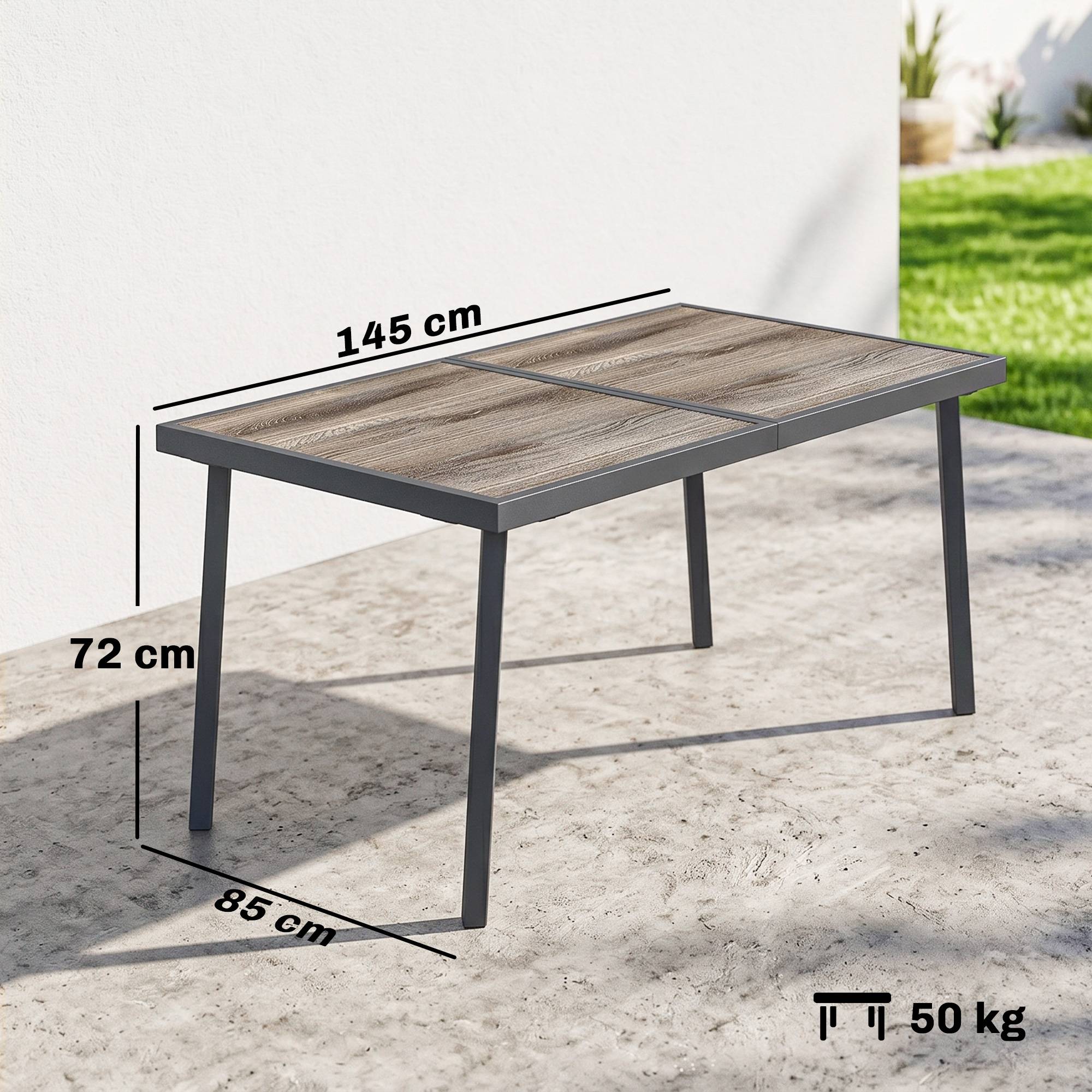 Sans Marque - Table de jardin rectangulaire pour 6 personnes avec plateau effet bois, en acier et PSPC, 145 x 85 x 72 cm, grise - Image 5