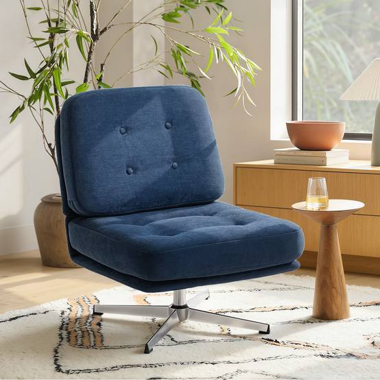 Fauteuil salon sans accoudoir chaise pivotante en tissu chenille assise large, pieds croisés 70 x 87 x 84 cm bleu foncé - Image 3