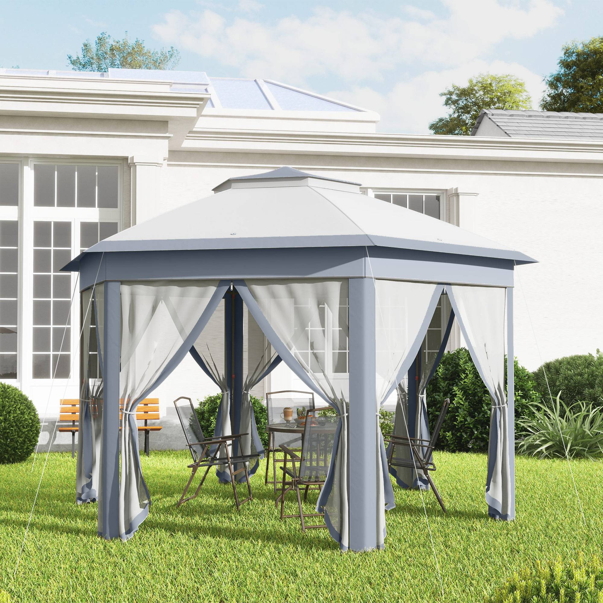 Tonnelle pliante métal pour jardin avec moustiquaire et toit ventilé 4x4 m Gris - ComfortXL Outdoor Living - Image 3
