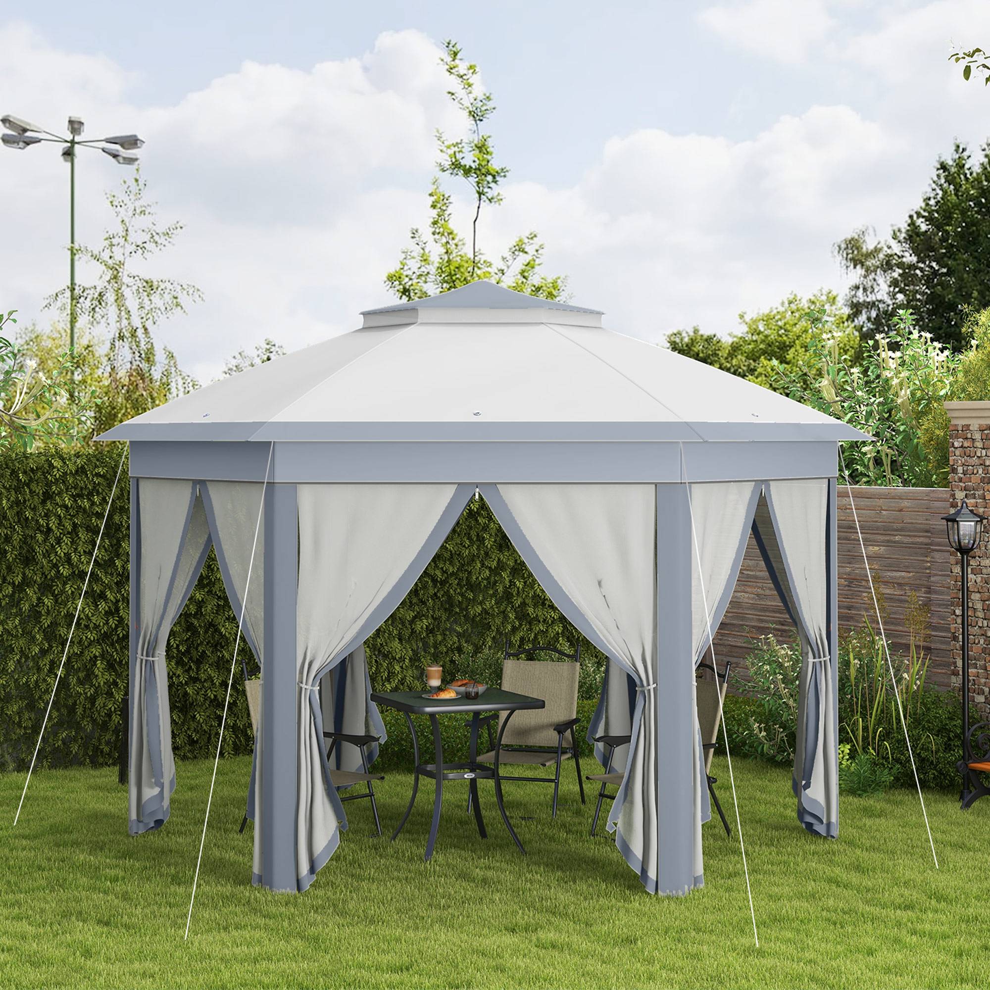 Tonnelle pliante métal pour jardin avec moustiquaire et toit ventilé 4x4 m Gris - ComfortXL Outdoor Living - Image 4