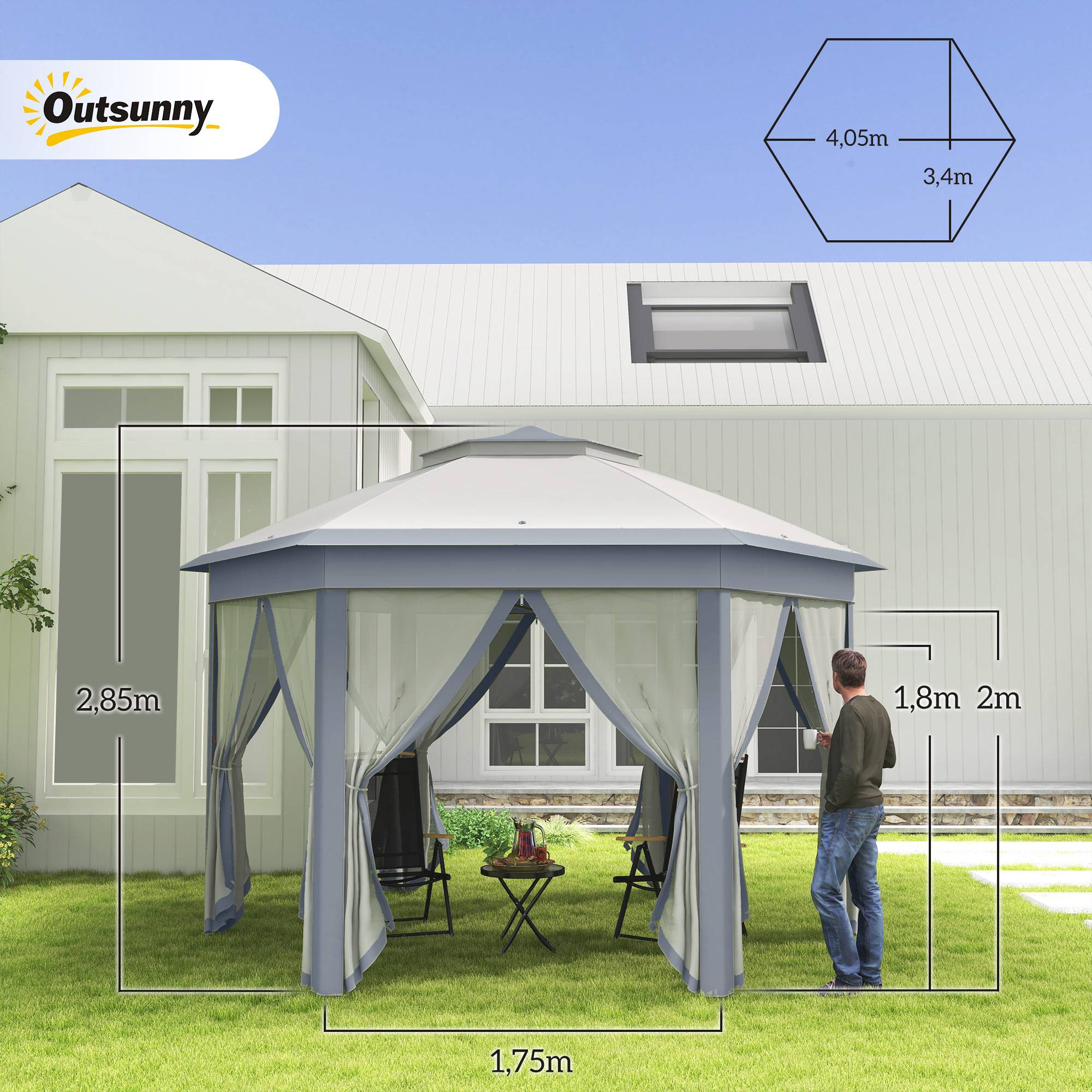 Tonnelle pliante métal pour jardin avec moustiquaire et toit ventilé 4x4 m Gris - ComfortXL Outdoor Living - Image 5