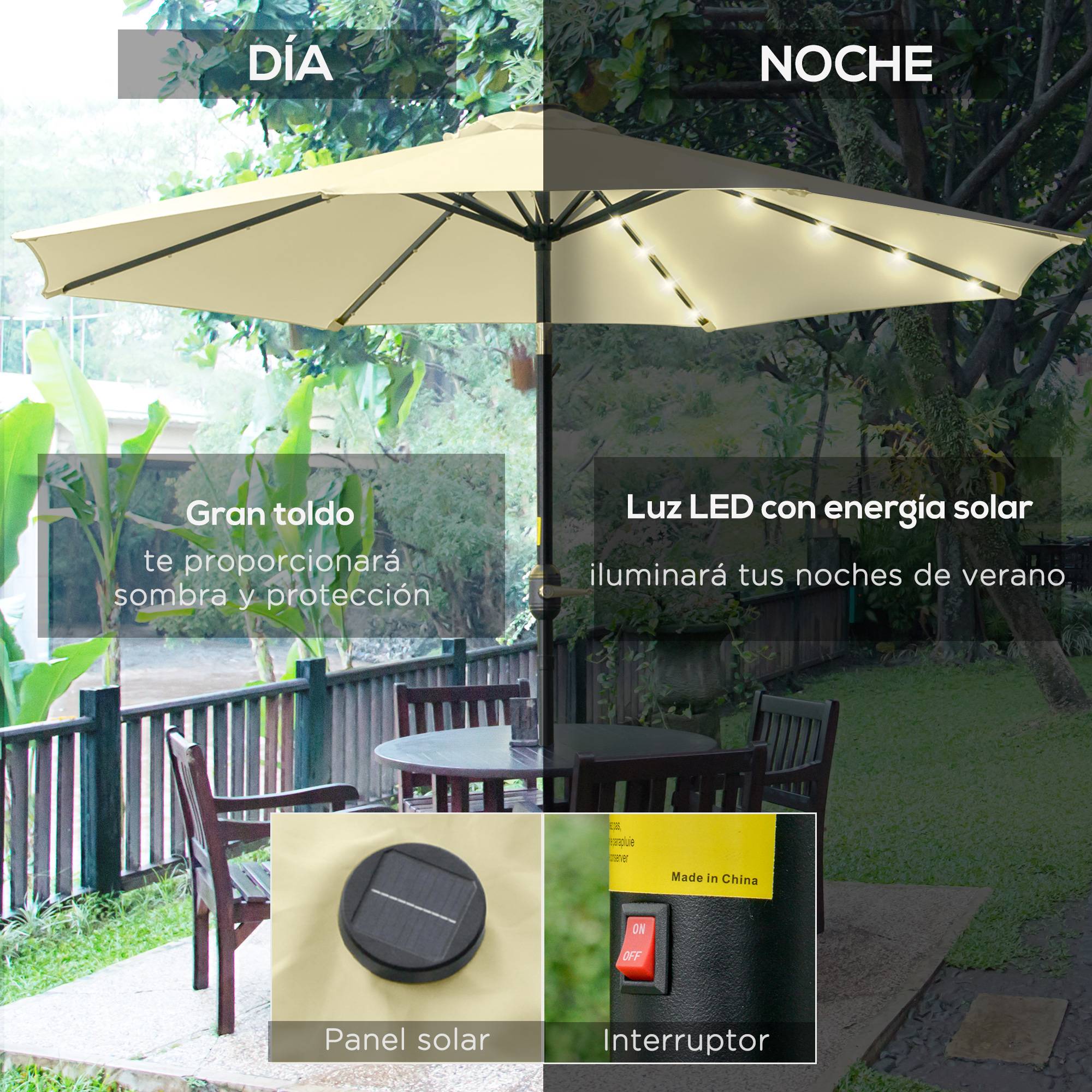 Parasol terrasse exterieur Ø265 cm, 32 LED solaires, mat acier, manivelle, inclinable, patio terrasse beige - Image 6