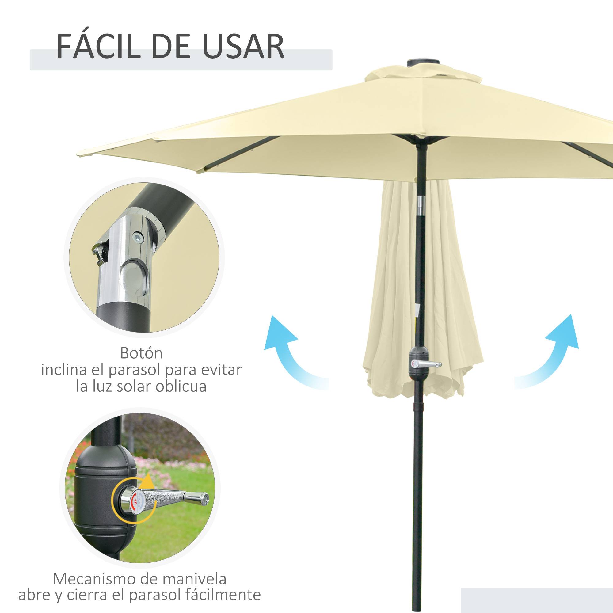 Parasol terrasse exterieur Ø265 cm, 32 LED solaires, mat acier, manivelle, inclinable, patio terrasse beige - Image 9