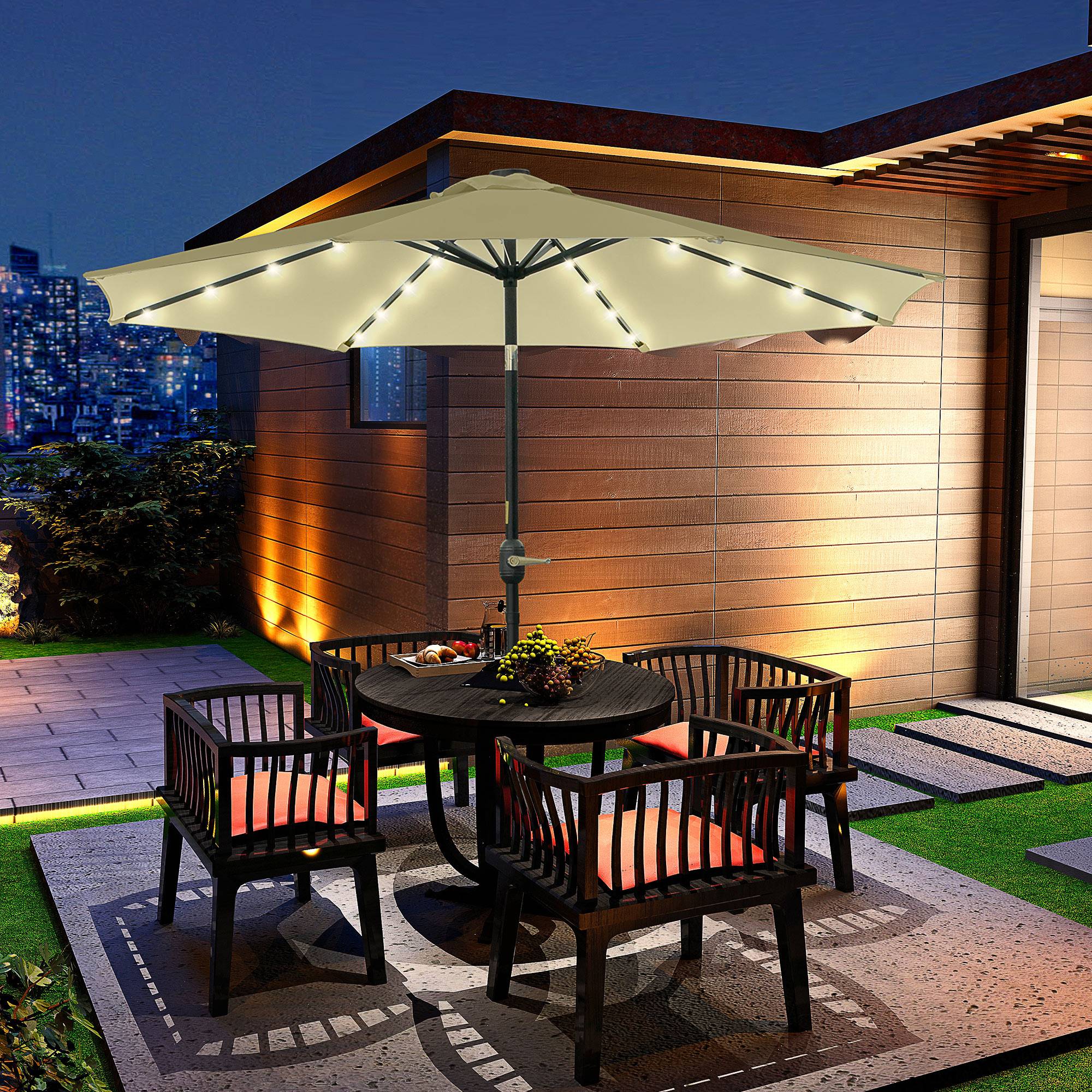 Parasol terrasse exterieur Ø265 cm, 32 LED solaires, mat acier, manivelle, inclinable, patio terrasse beige - Image 10