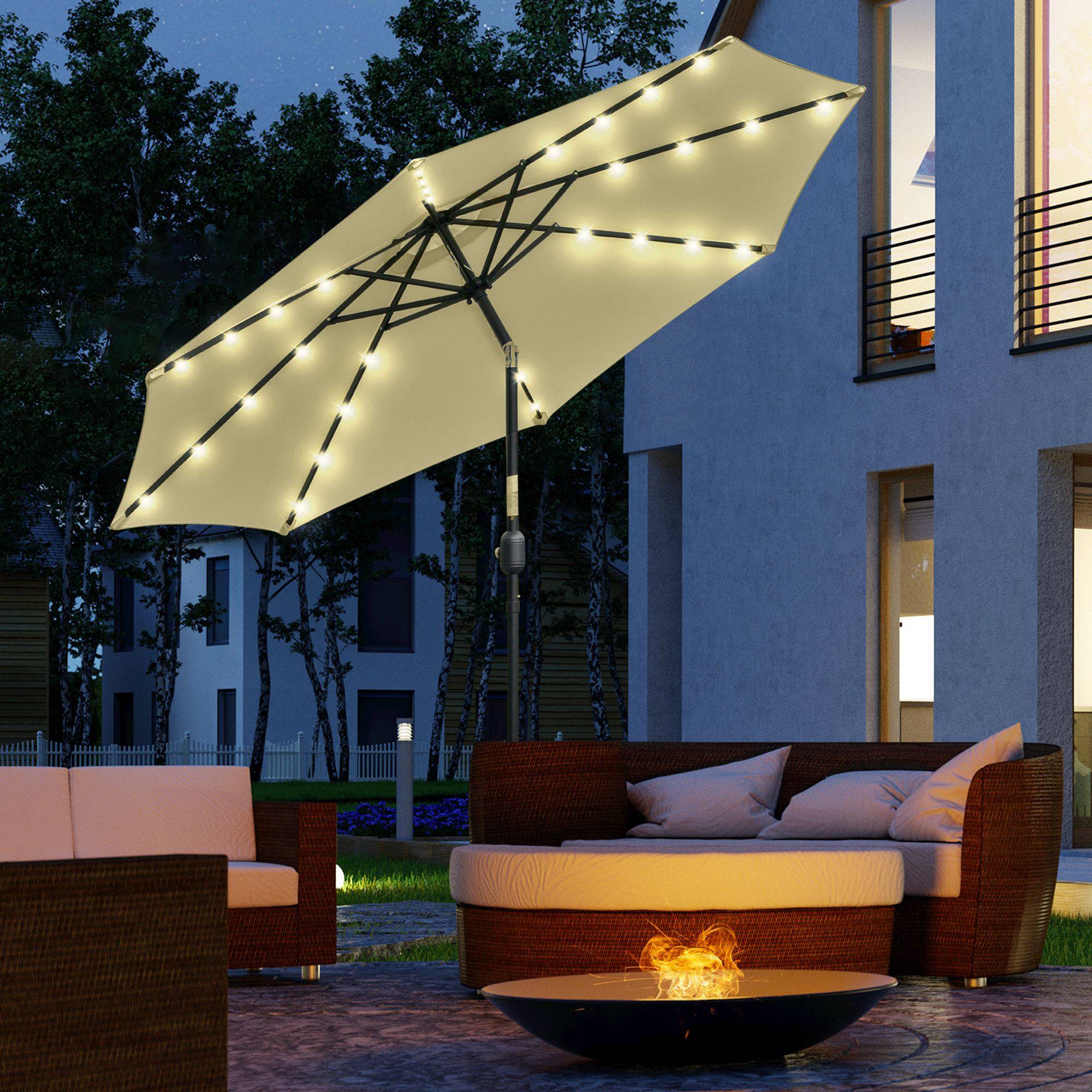 Parasol terrasse exterieur Ø265 cm, 32 LED solaires, mat acier, manivelle, inclinable, patio terrasse beige - Image 3