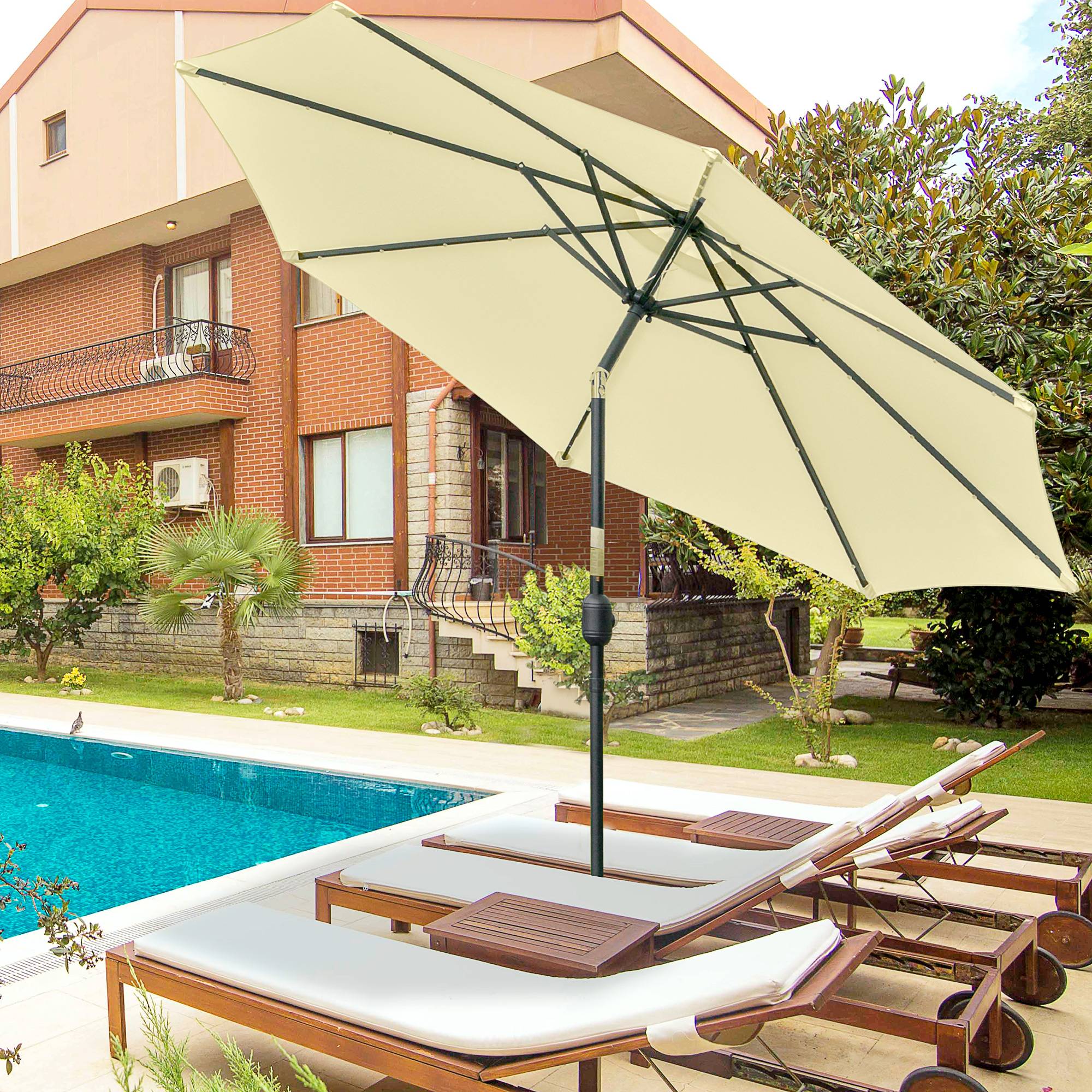 Parasol terrasse exterieur Ø265 cm, 32 LED solaires, mat acier, manivelle, inclinable, patio terrasse beige - Image 4