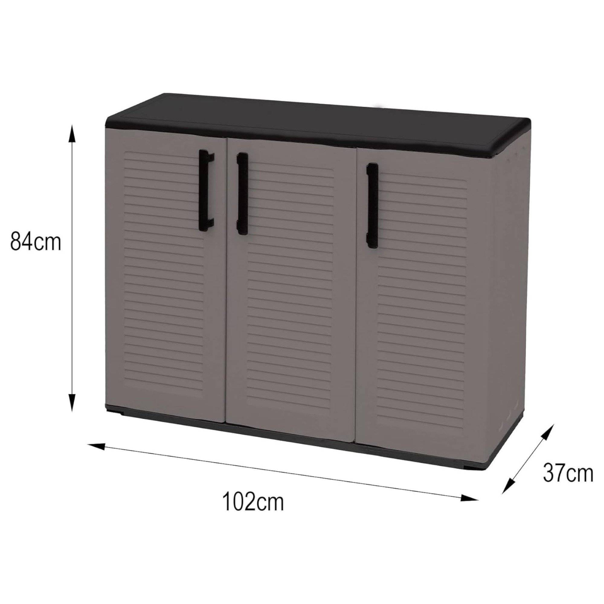 Dmora - Armoire d'extérieur Darmellin, Armoire de balcon polyvalente, Armoire d'extérieur 3 portes, 102x37h84 cm, Gris et Noir, Finition rayée - Dmora - Imagen 3