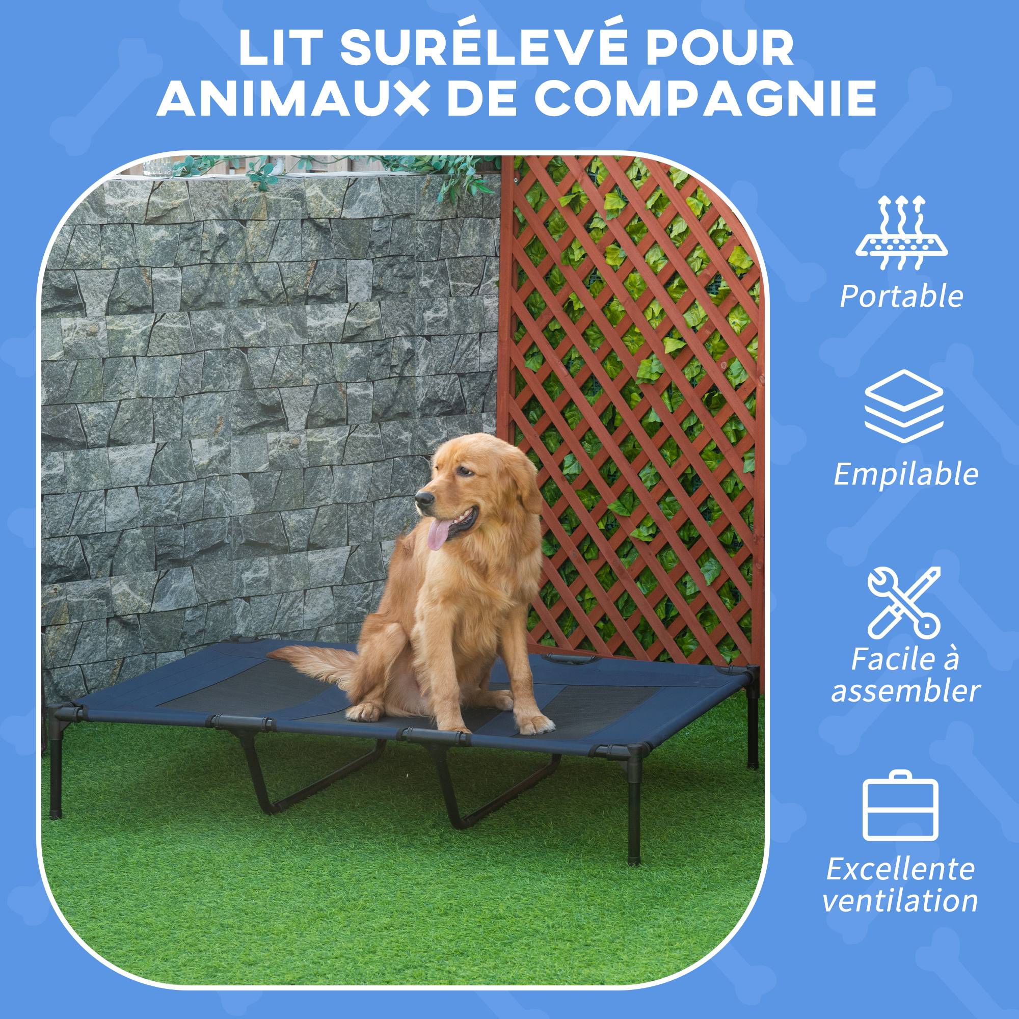 Lit sur pieds XXL chien chat aération optimale textilène métal 122x92cm bleu - ComfortXL Outdoor Living - Image 6