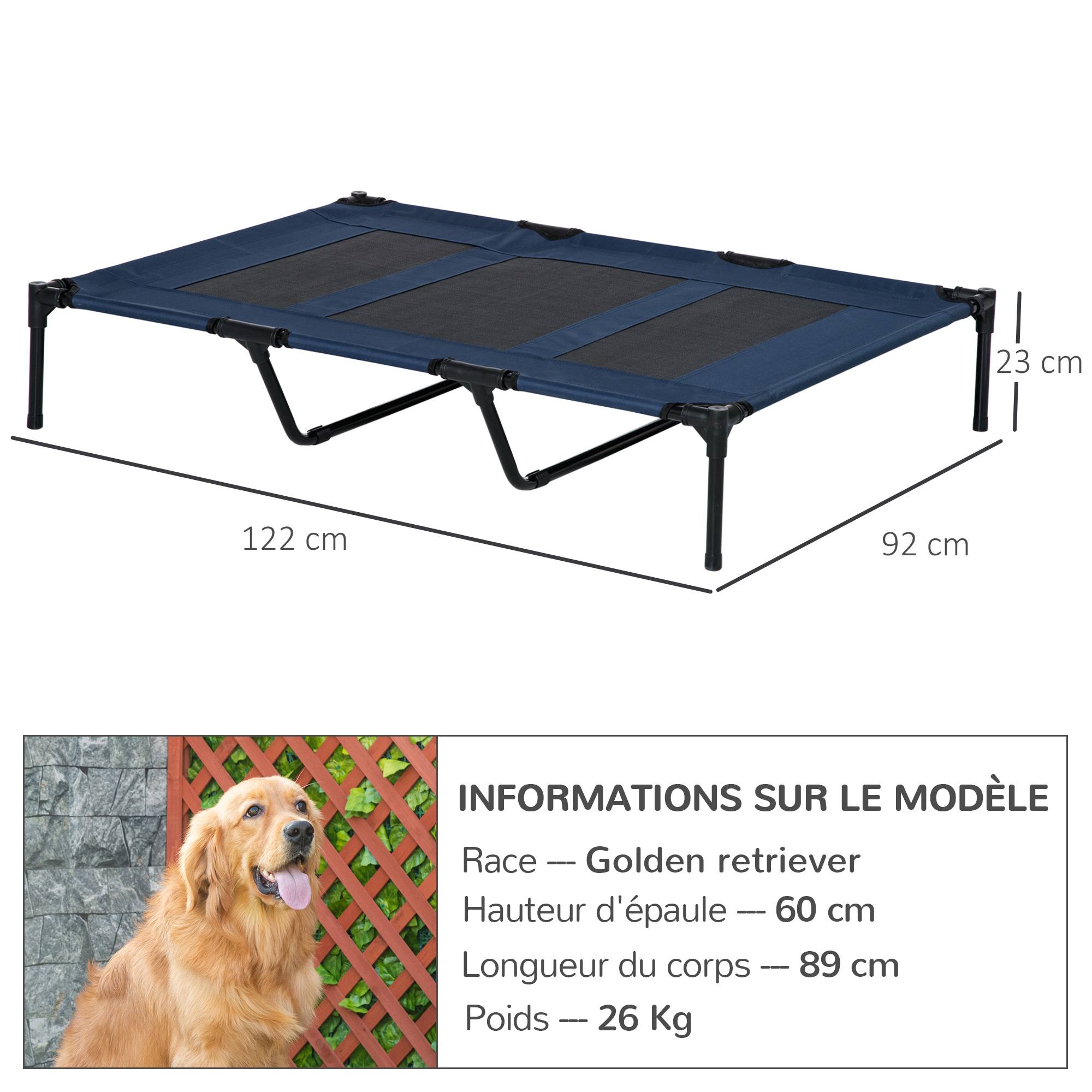 Lit sur pieds XXL chien chat aération optimale textilène métal 122x92cm bleu - ComfortXL Outdoor Living - Image 5