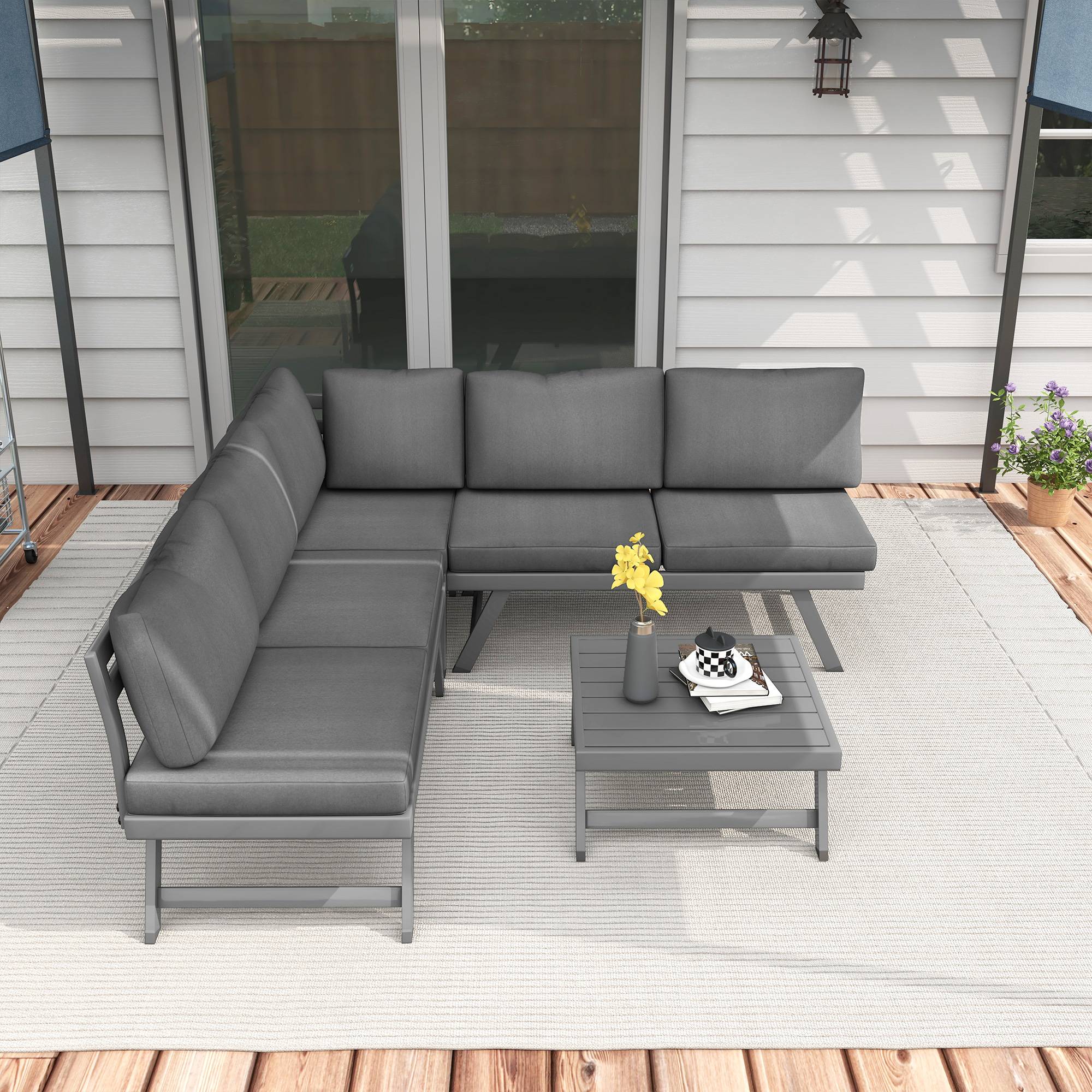 Ensemble salon de jardin d'angle et convertible 4 pièces avec 2 banquettes, 1 fauteuil d'angle et 1 table basse - Image 10