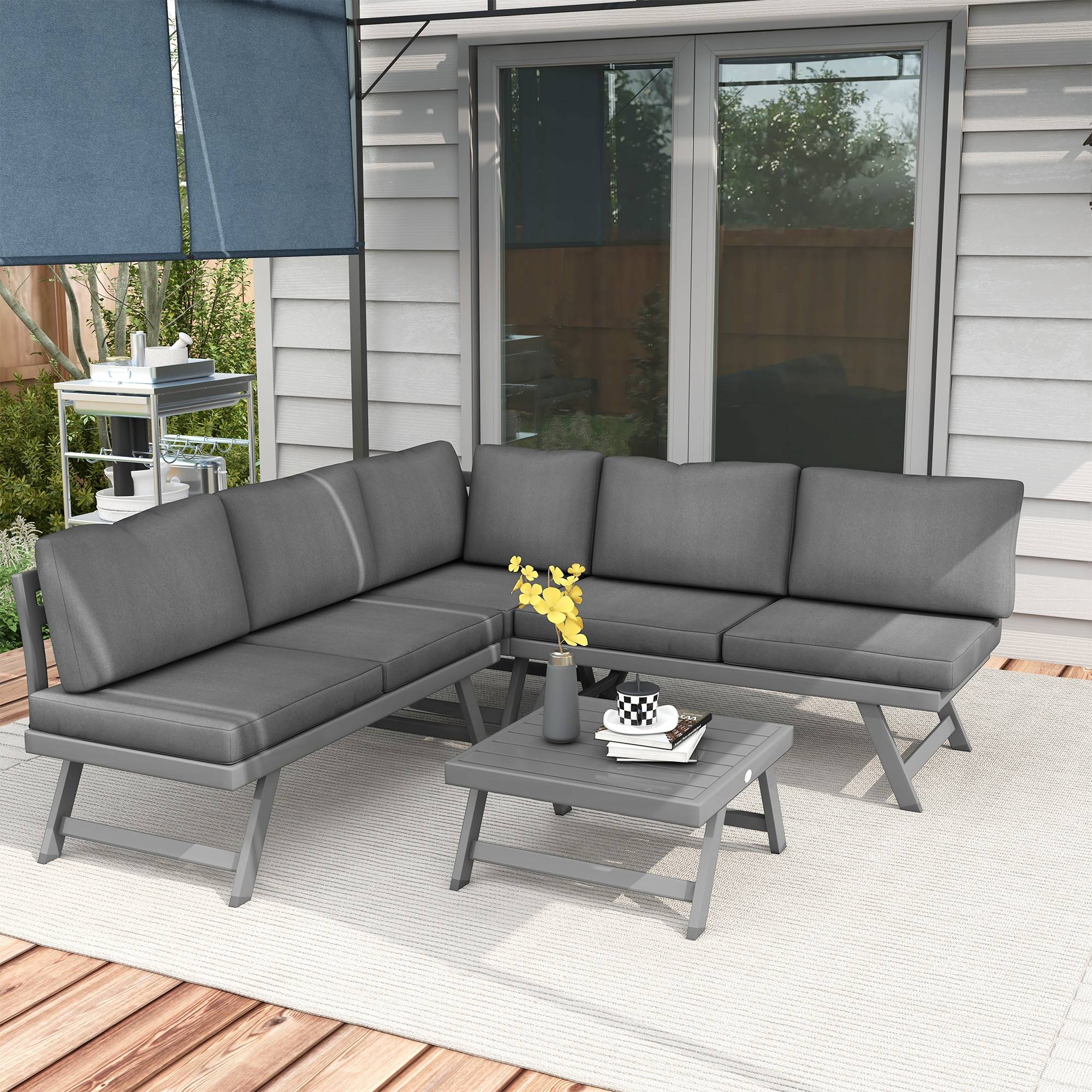 Ensemble salon de jardin d'angle et convertible 4 pièces avec 2 banquettes, 1 fauteuil d'angle et 1 table basse - Image 3