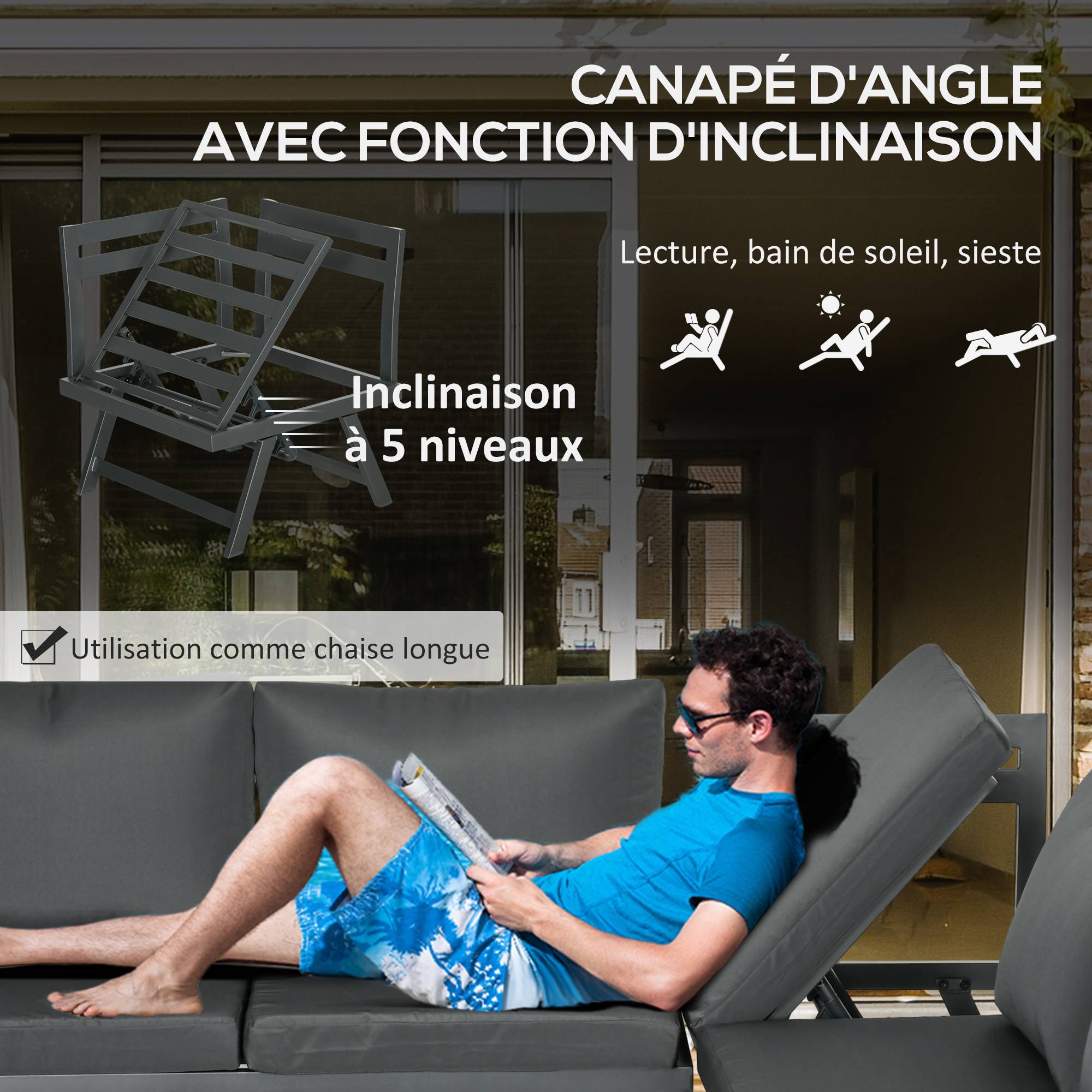 Ensemble salon de jardin d'angle et convertible 4 pièces avec 2 banquettes, 1 fauteuil d'angle et 1 table basse - Image 8