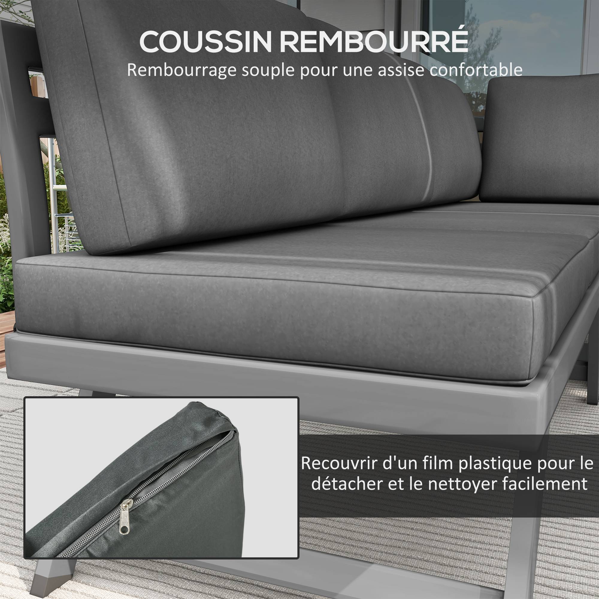 Ensemble salon de jardin d'angle et convertible 4 pièces avec 2 banquettes, 1 fauteuil d'angle et 1 table basse - Image 7
